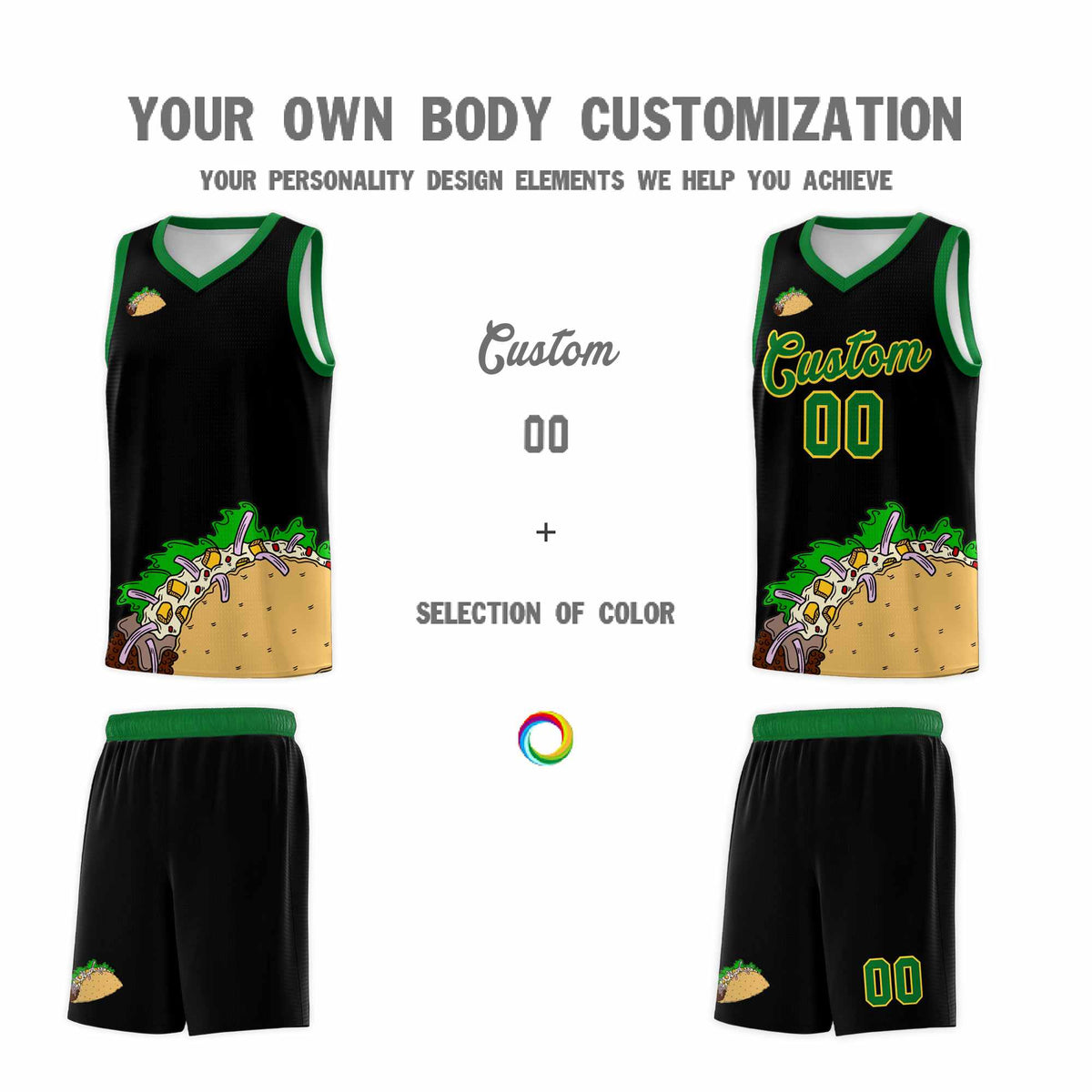 Custom Black Kelly Green Mexican Colors Graffiti Patterns Wrinkle-Resistant Uniform Basketball Jersey