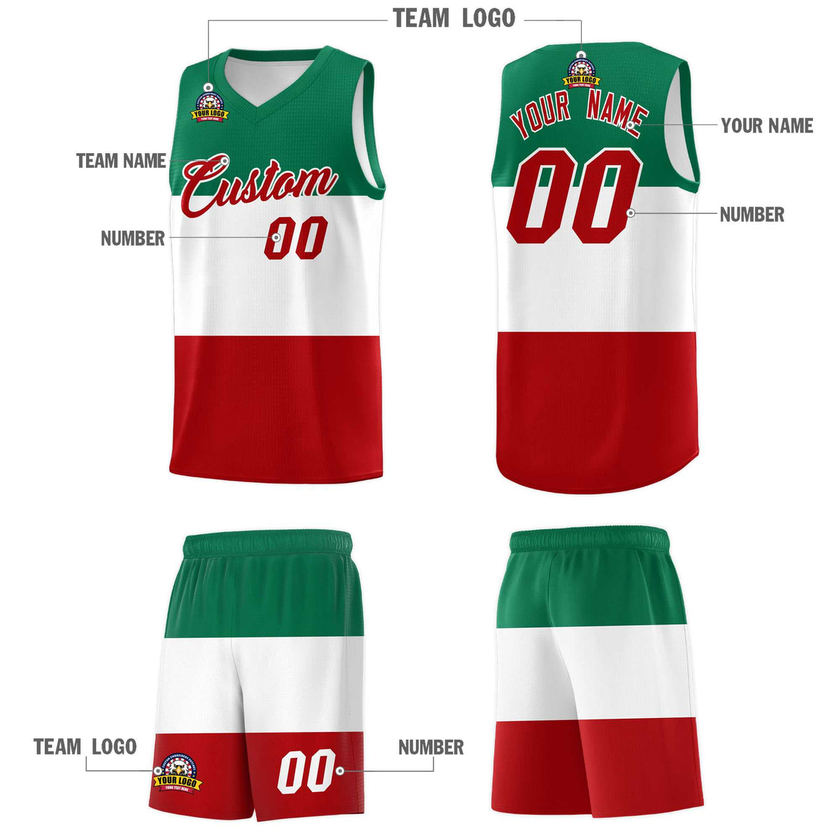 Custom White Kelly Green Red Mexican Colors Graffiti Patterns Drapable Uniform Basketball Jersey