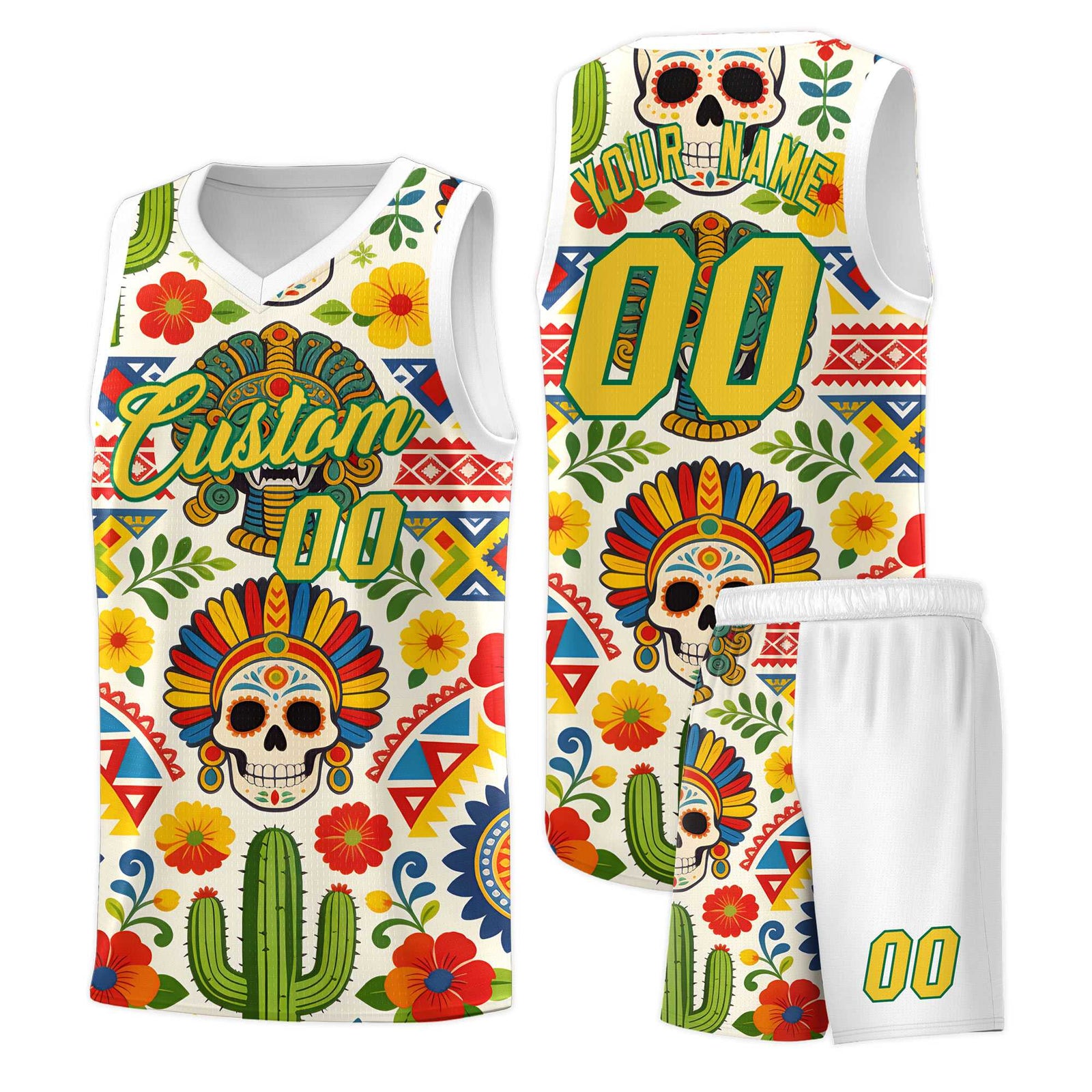 Custom White Skeleton Mexican Colors Graffiti Patterns Sublimation Printing Uniform Basketball Jersey
