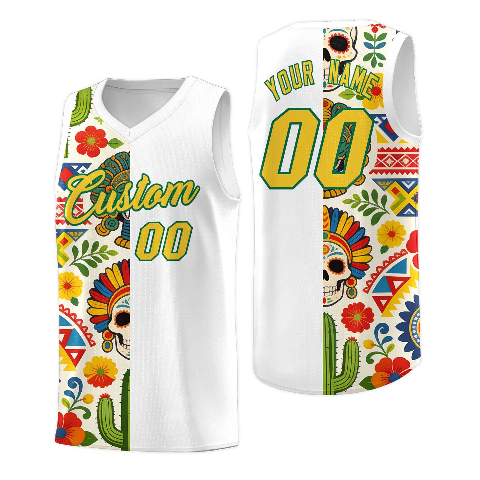 Custom White Skeleton Mexican Colors Graffiti Patterns Breathable Uniform Basketball Jersey