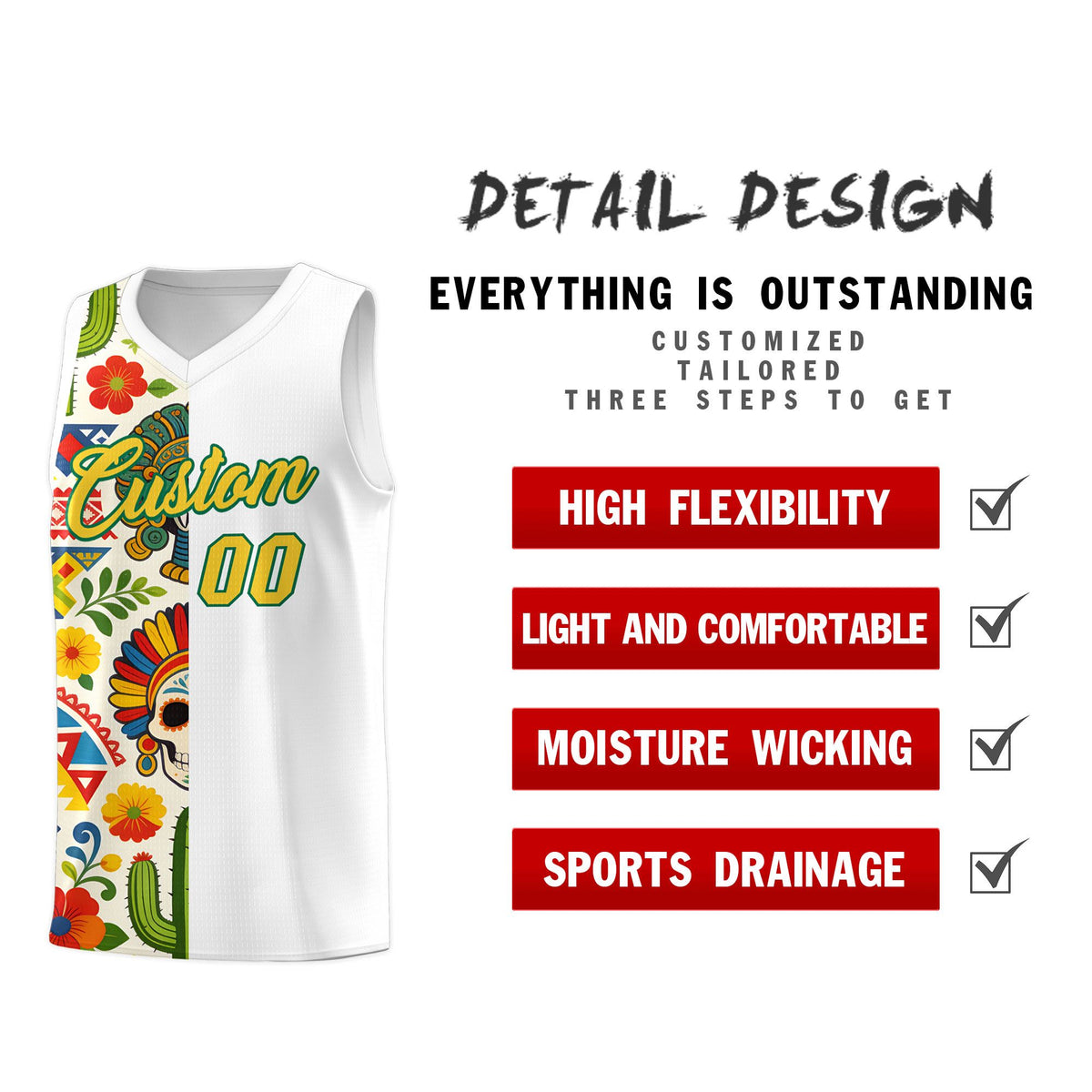 Custom White Skeleton Mexican Colors Graffiti Patterns Breathable Uniform Basketball Jersey