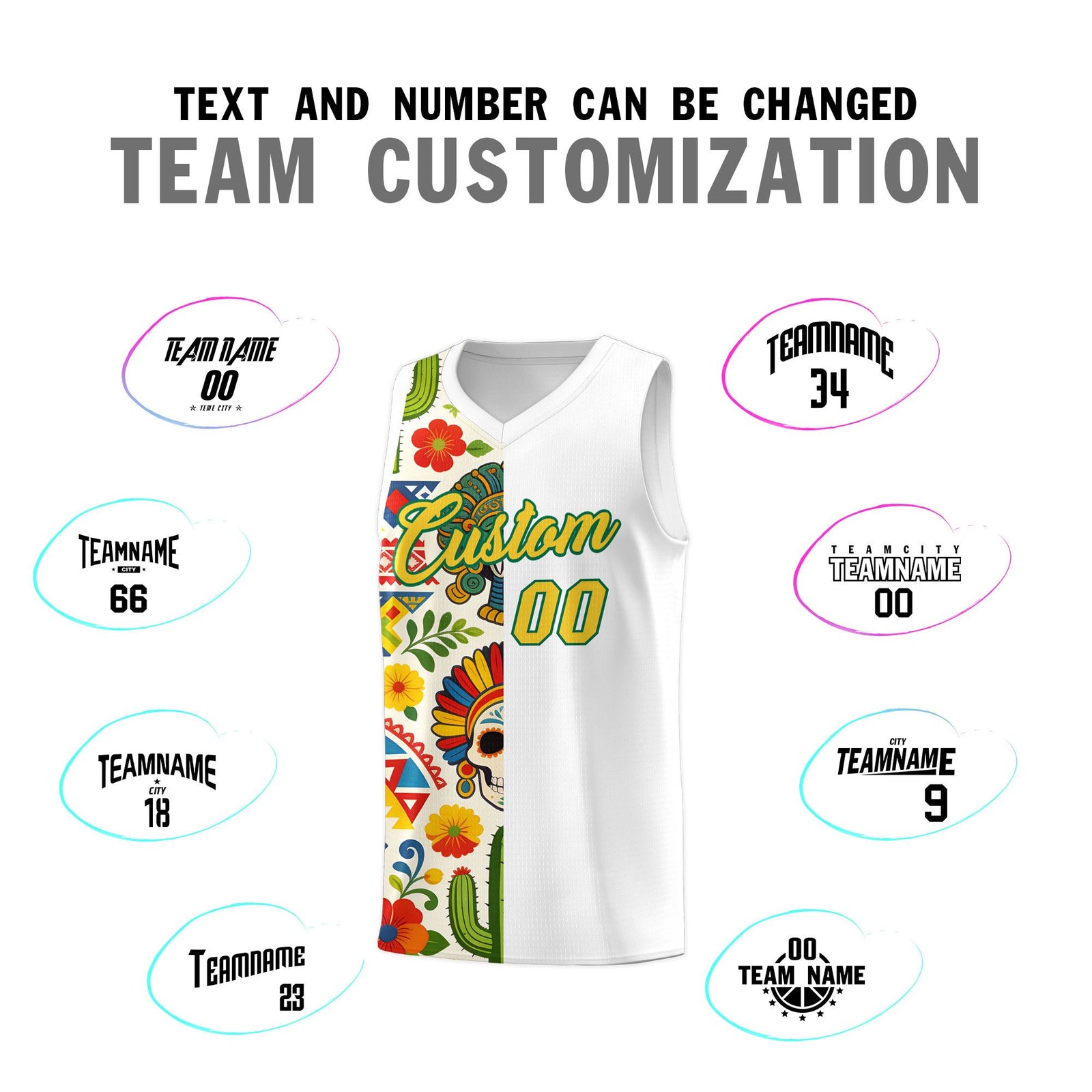 Custom White Skeleton Mexican Colors Graffiti Patterns Breathable Uniform Basketball Jersey
