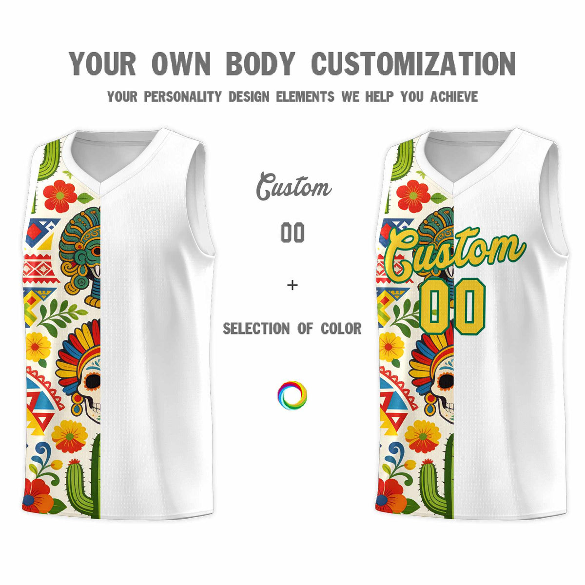 Custom White Skeleton Mexican Colors Graffiti Patterns Breathable Uniform Basketball Jersey