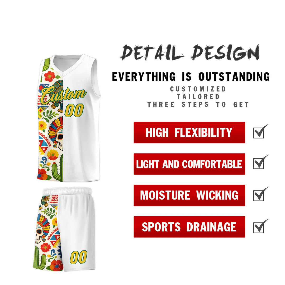 Custom White Skeleton Mexican Colors Graffiti Patterns Breathable Uniform Basketball Jersey