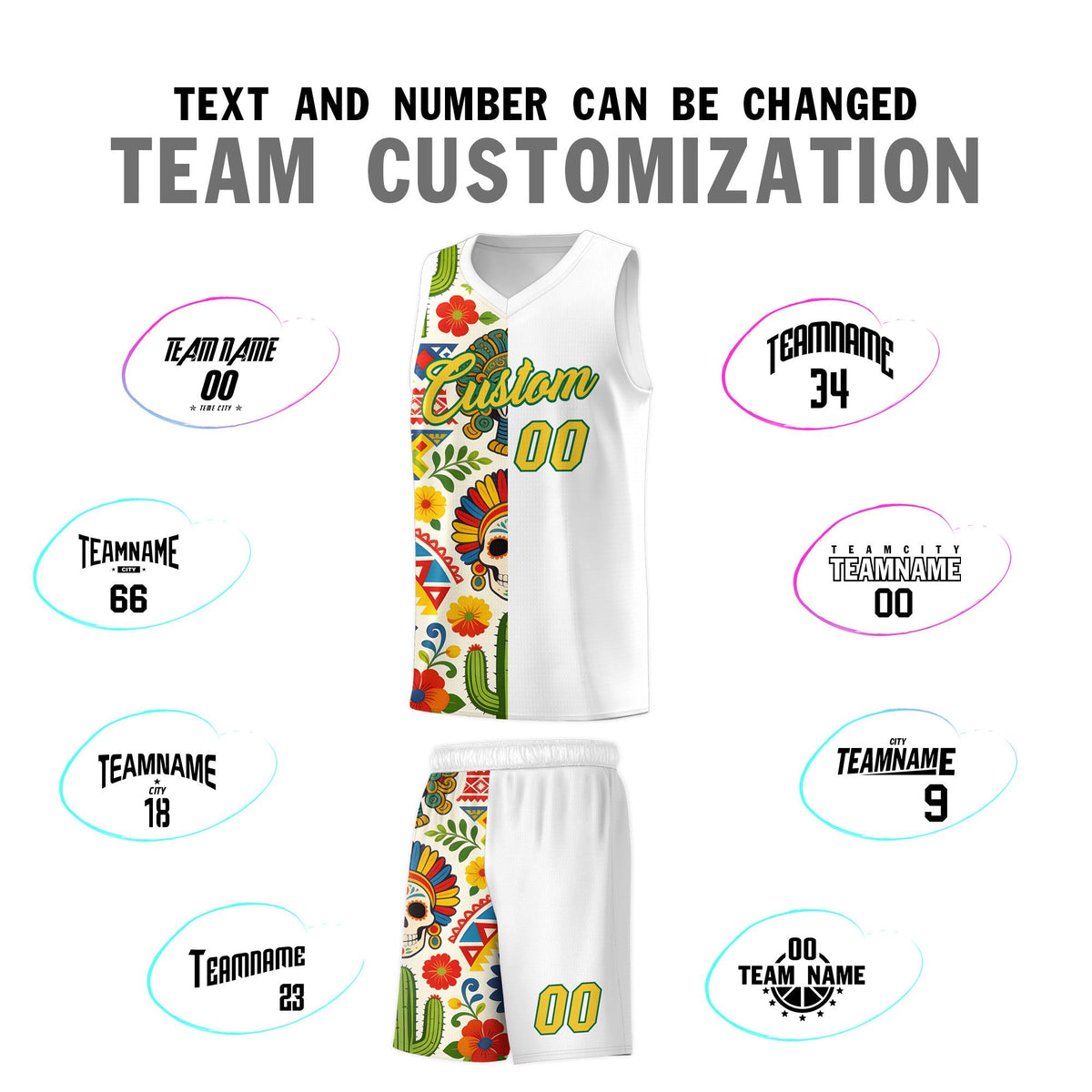 Custom White Skeleton Mexican Colors Graffiti Patterns Breathable Uniform Basketball Jersey