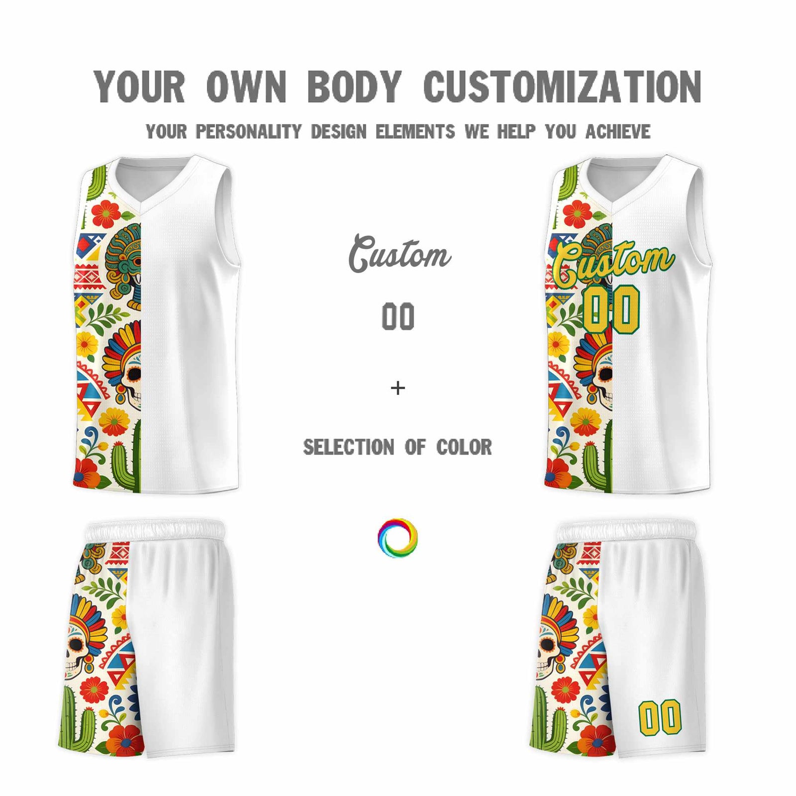 Custom White Skeleton Mexican Colors Graffiti Patterns Breathable Uniform Basketball Jersey