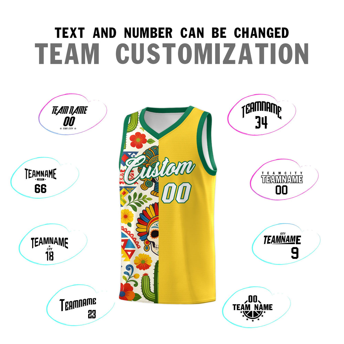 Custom Gold Skeleton Mexican Colors Graffiti Patterns Lightweight Uniform Basketball Jersey