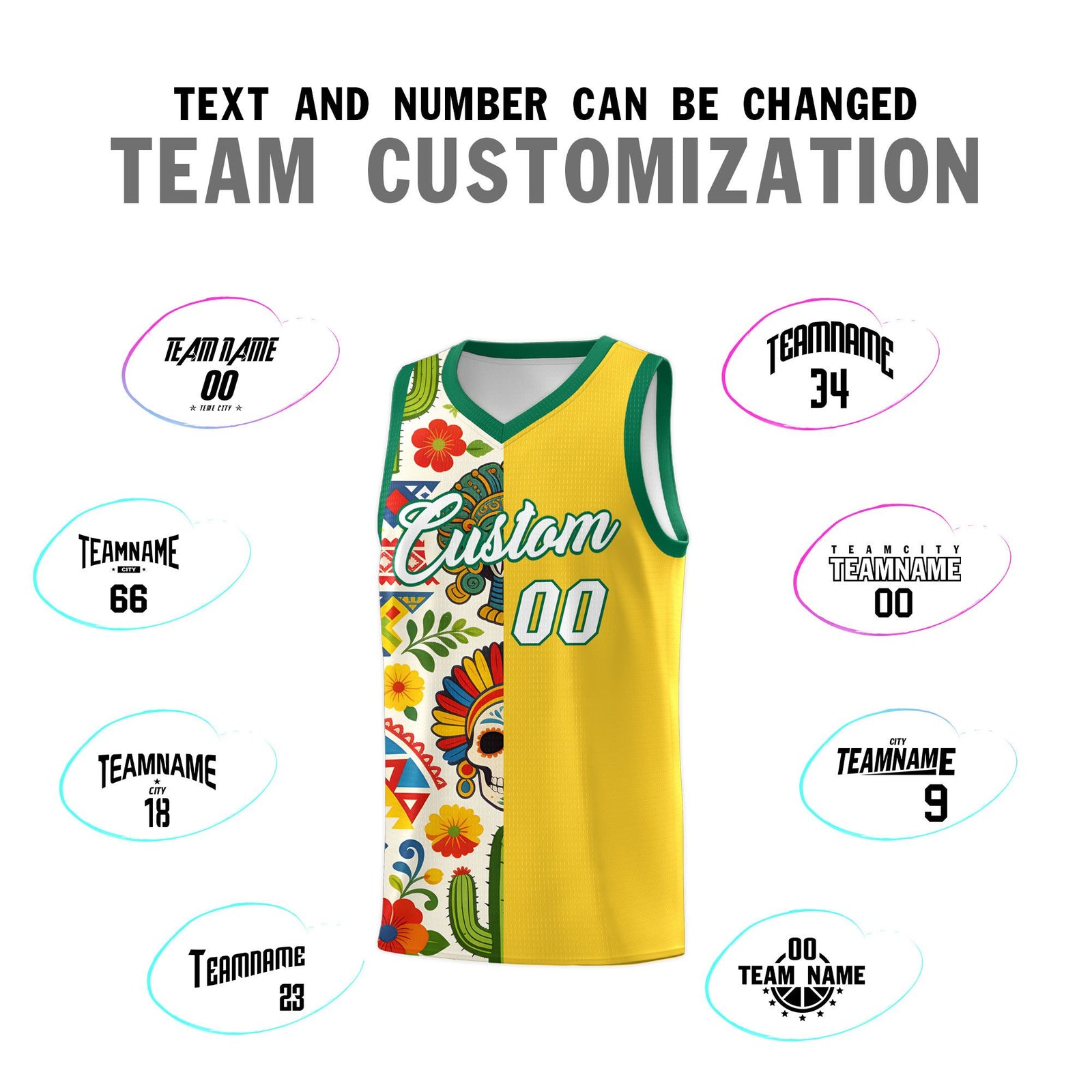 Custom Gold Skeleton Mexican Colors Graffiti Patterns Lightweight Uniform Basketball Jersey