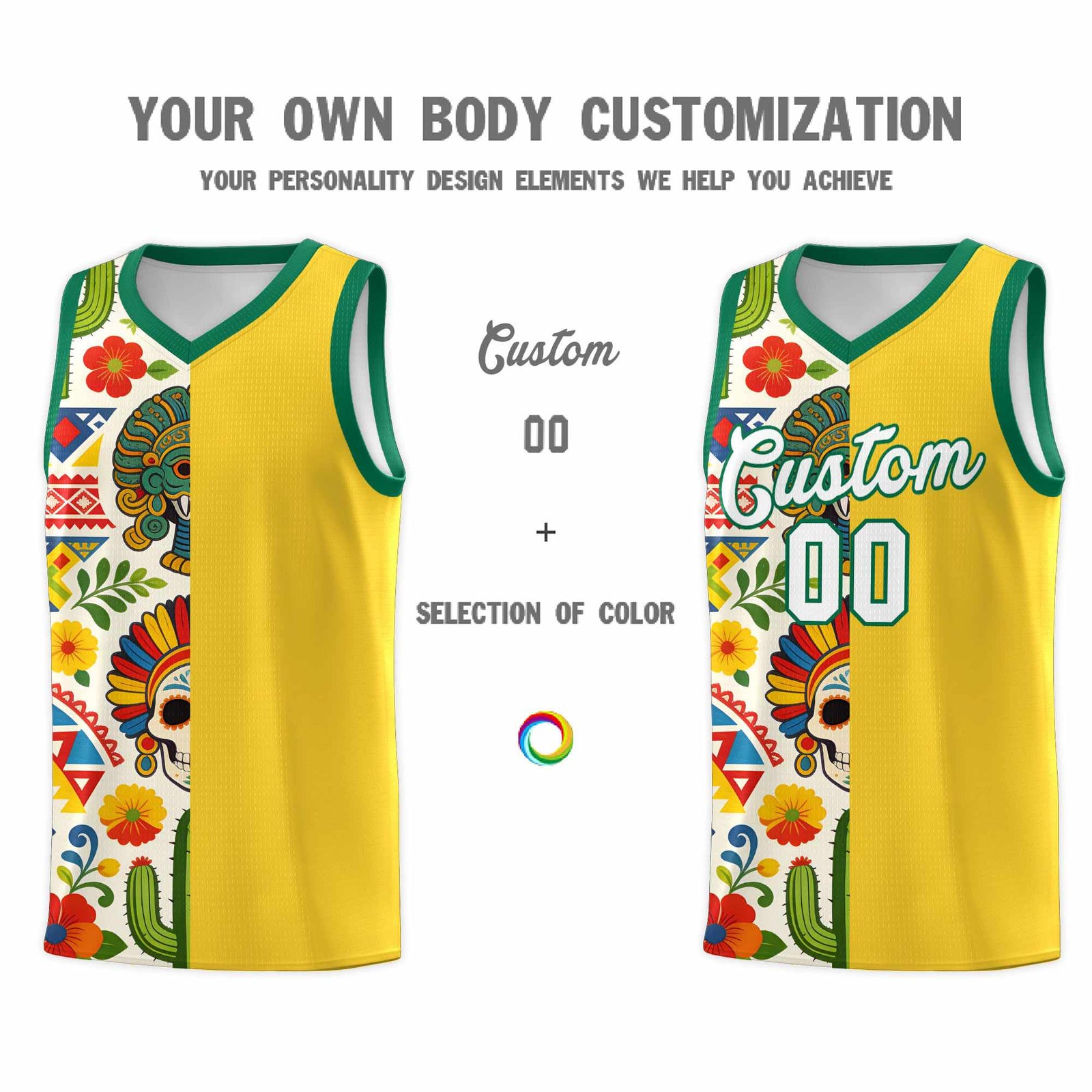 Custom Gold Skeleton Mexican Colors Graffiti Patterns Lightweight Uniform Basketball Jersey