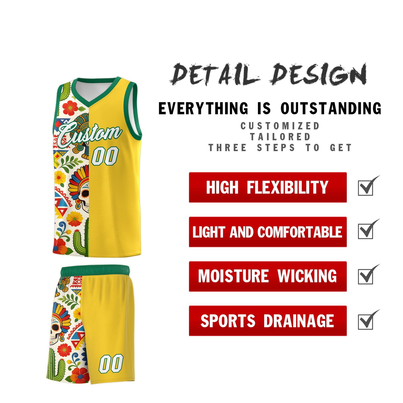 Custom Gold Skeleton Mexican Colors Graffiti Patterns Lightweight Uniform Basketball Jersey