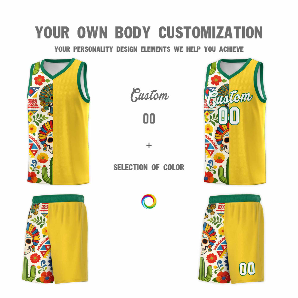Custom Gold Skeleton Mexican Colors Graffiti Patterns Lightweight Uniform Basketball Jersey
