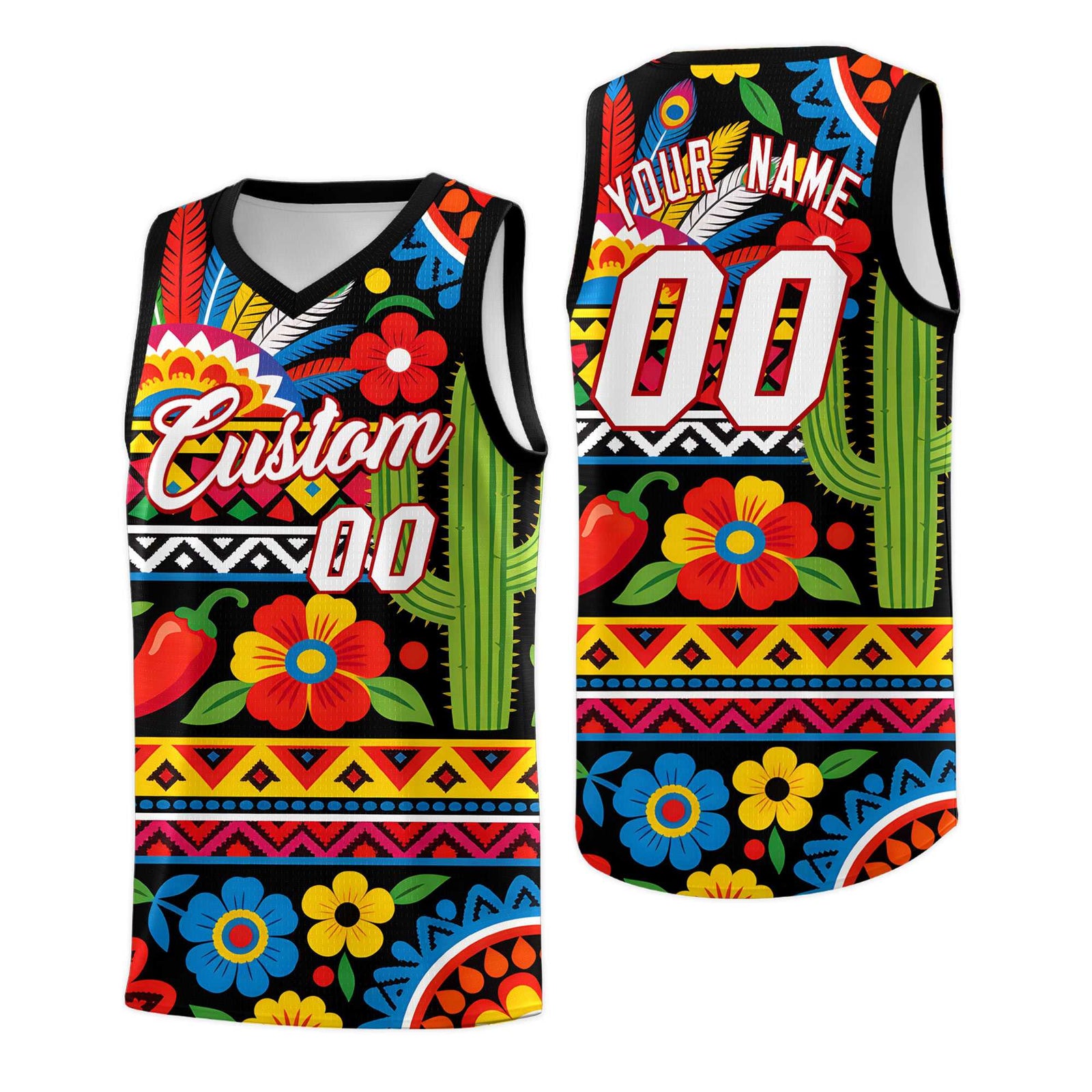 Custom Black Cactus Mexican Colors Graffiti Patterns Wrinkle-Resistant Uniform Basketball Jersey