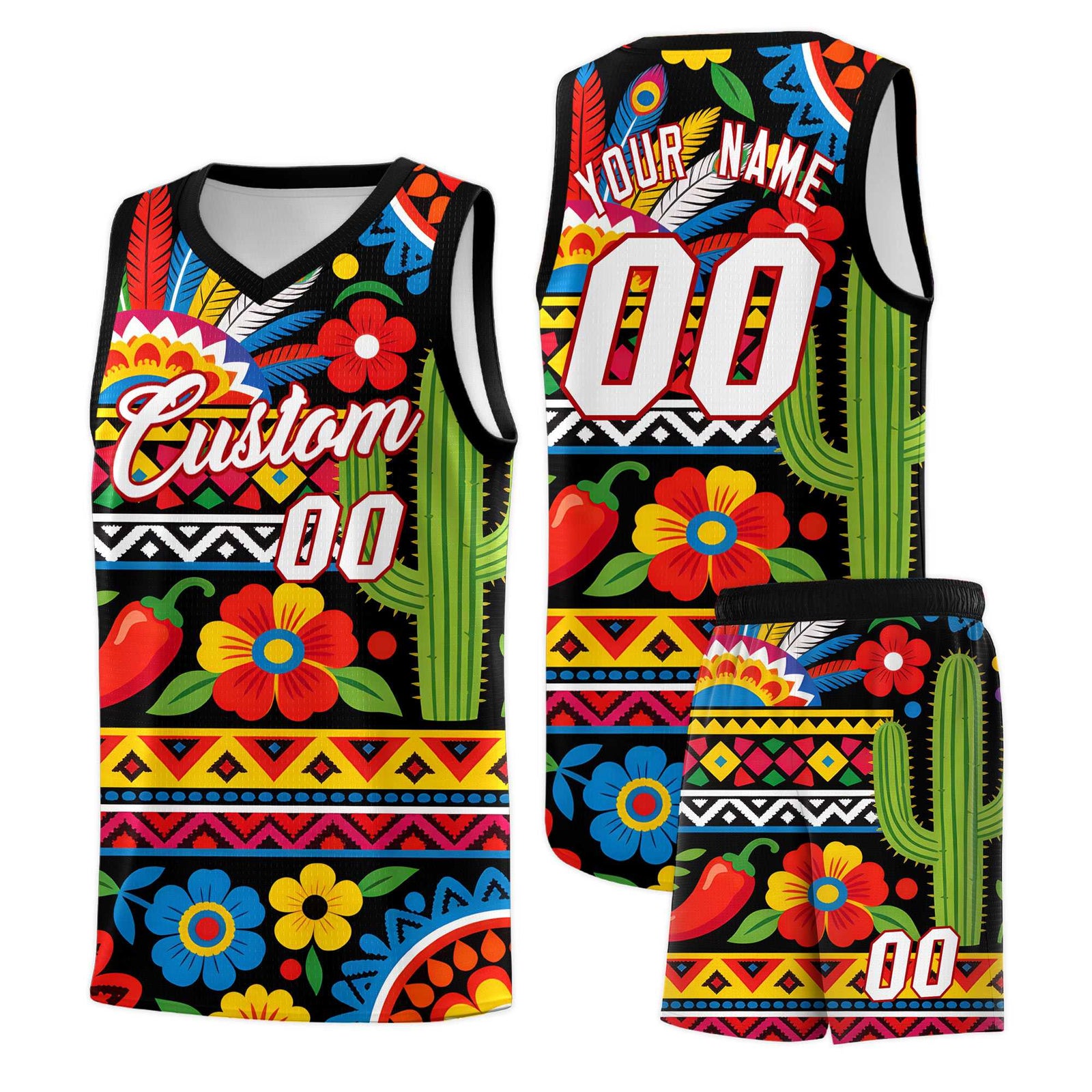 Custom Black Cactus Mexican Colors Graffiti Patterns Wrinkle-Resistant Uniform Basketball Jersey