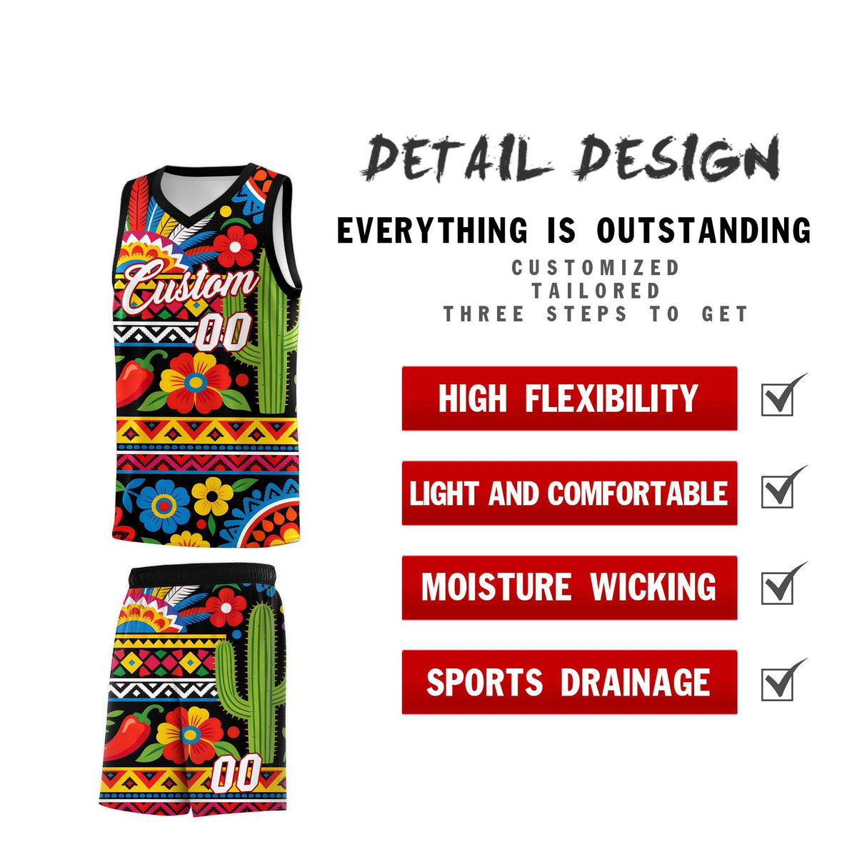 Custom Black Cactus Mexican Colors Graffiti Patterns Wrinkle-Resistant Uniform Basketball Jersey