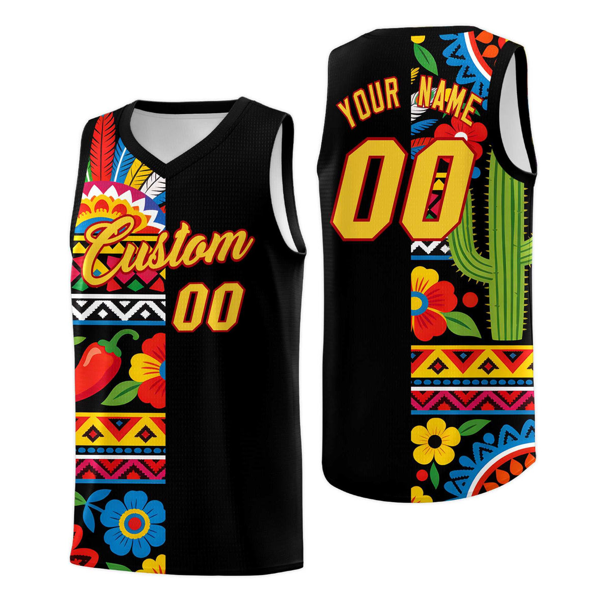 Custom Black Cactus Mexican Colors Graffiti Patterns Drapable Uniform Basketball Jersey