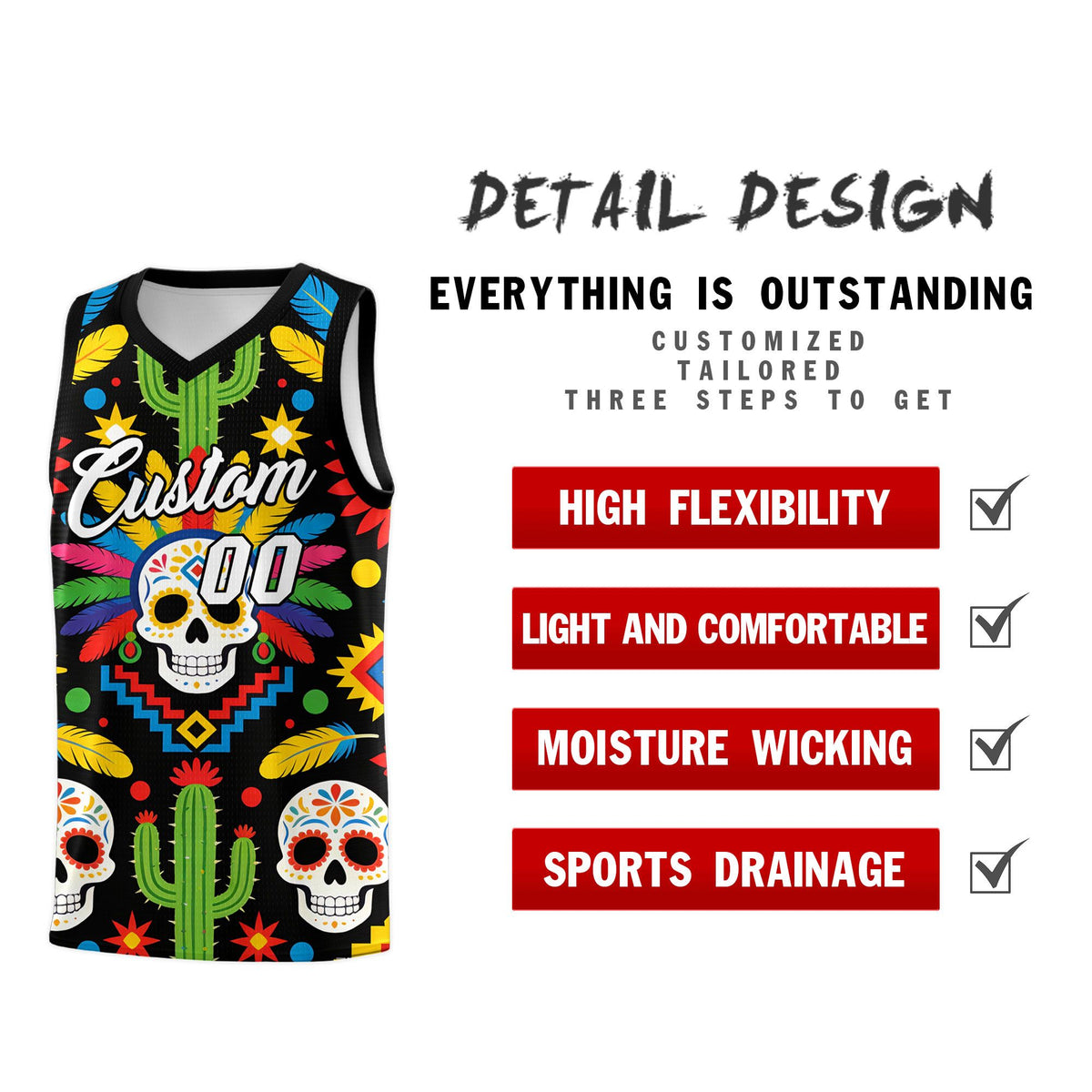 Custom Black Skeleton Mexican Colors Graffiti Patterns Sublimation Printing Uniform Basketball Jersey