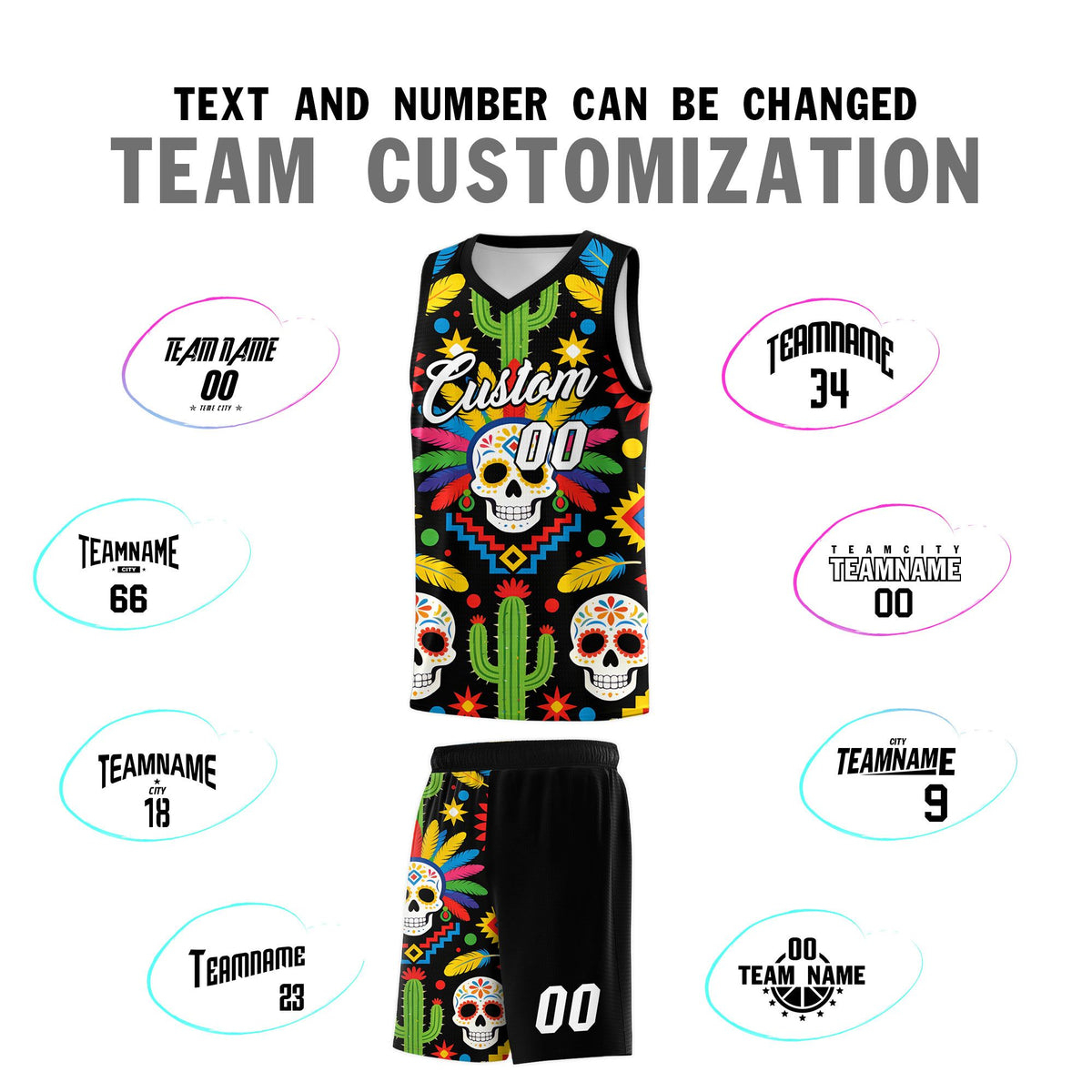 Custom Black Skeleton Mexican Colors Graffiti Patterns Sublimation Printing Uniform Basketball Jersey