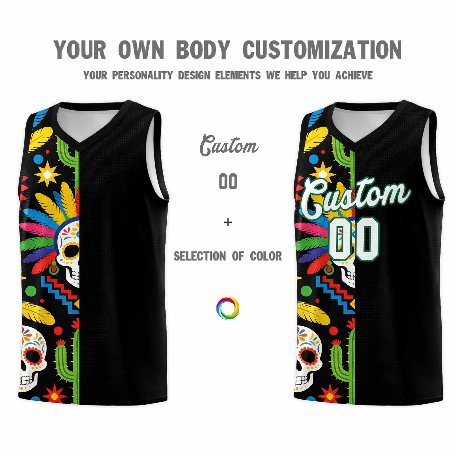 Custom Black Skeleton Mexican Colors Graffiti Patterns Breathable Uniform Basketball Jersey