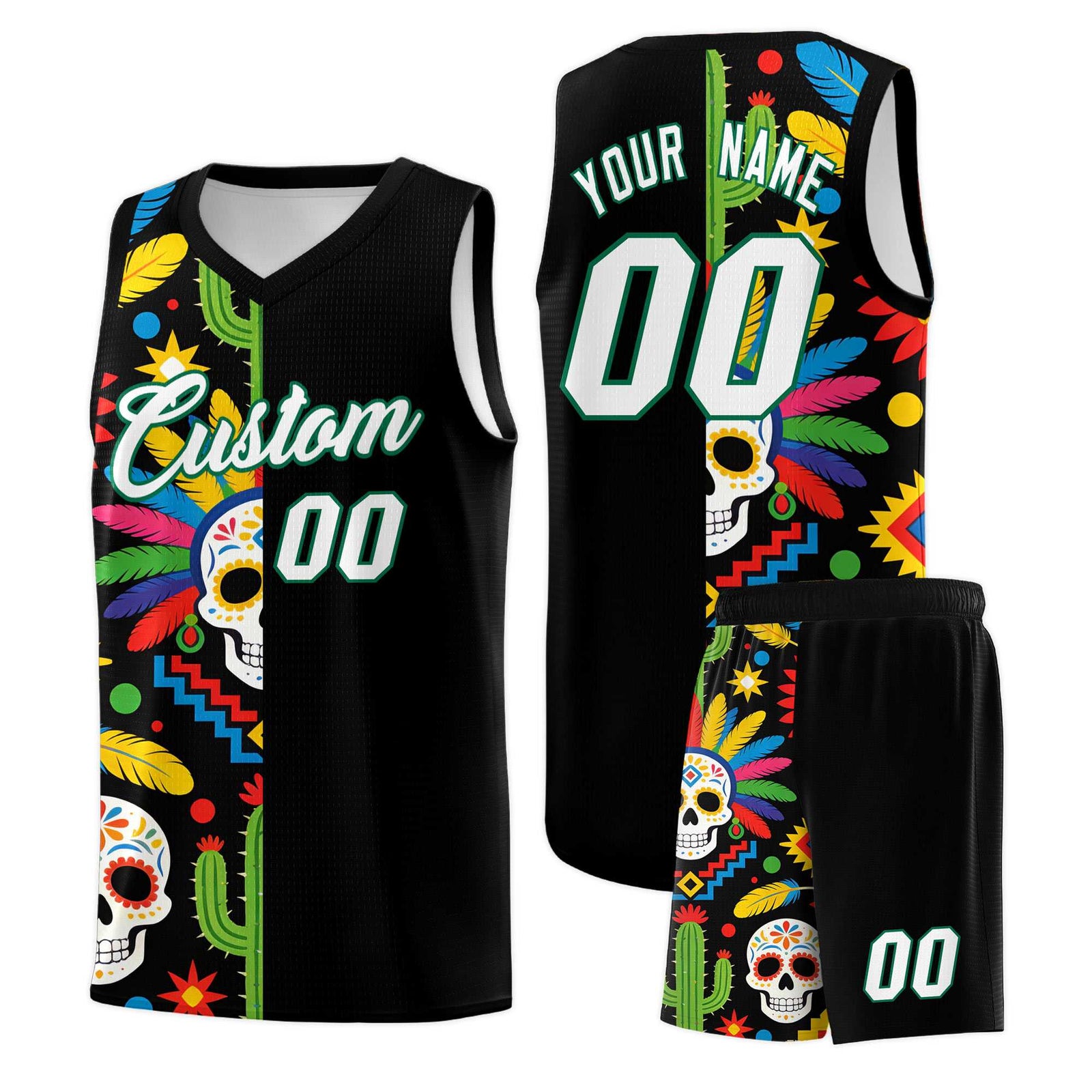 Custom Black Skeleton Mexican Colors Graffiti Patterns Breathable Uniform Basketball Jersey