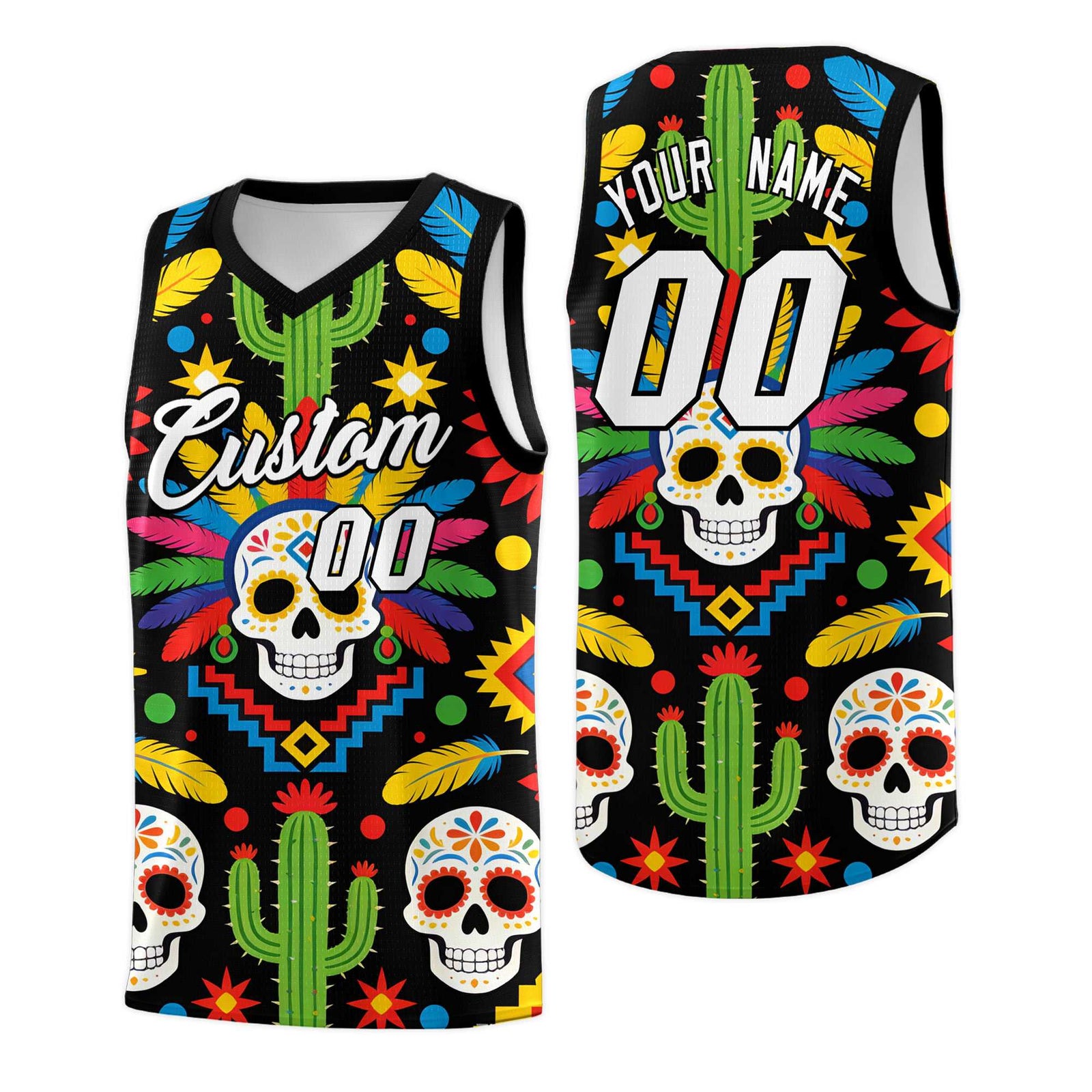 Custom Black Skeleton Mexican Colors Graffiti Patterns Quick-Drying Uniform Basketball Jersey