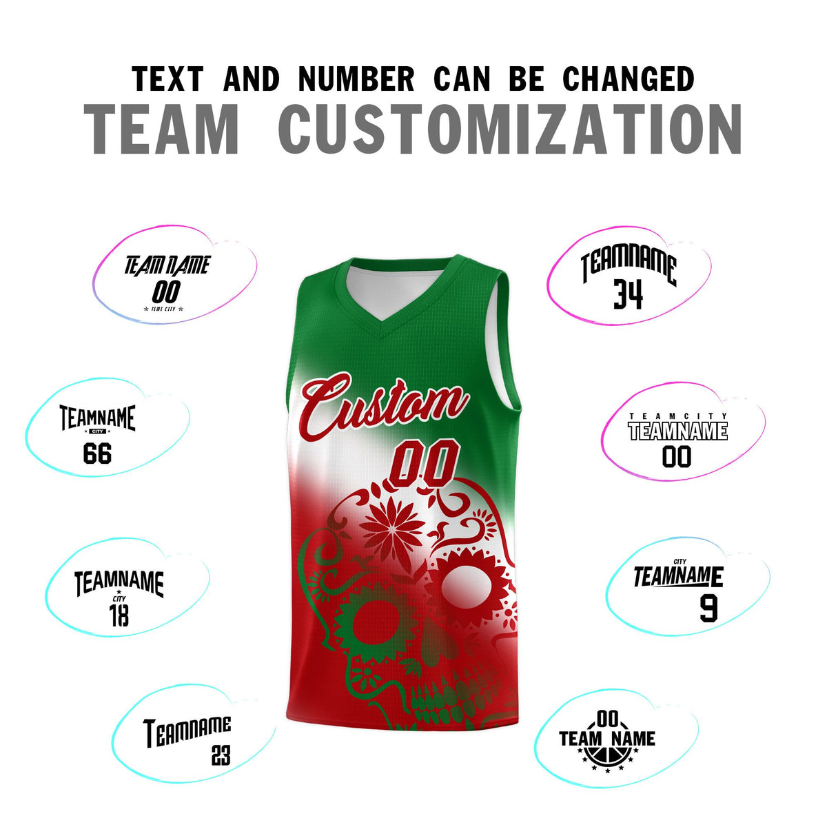 Custom White Kelly Green Red Mexican Colors Graffiti Patterns Lightweight Uniform Basketball Jersey