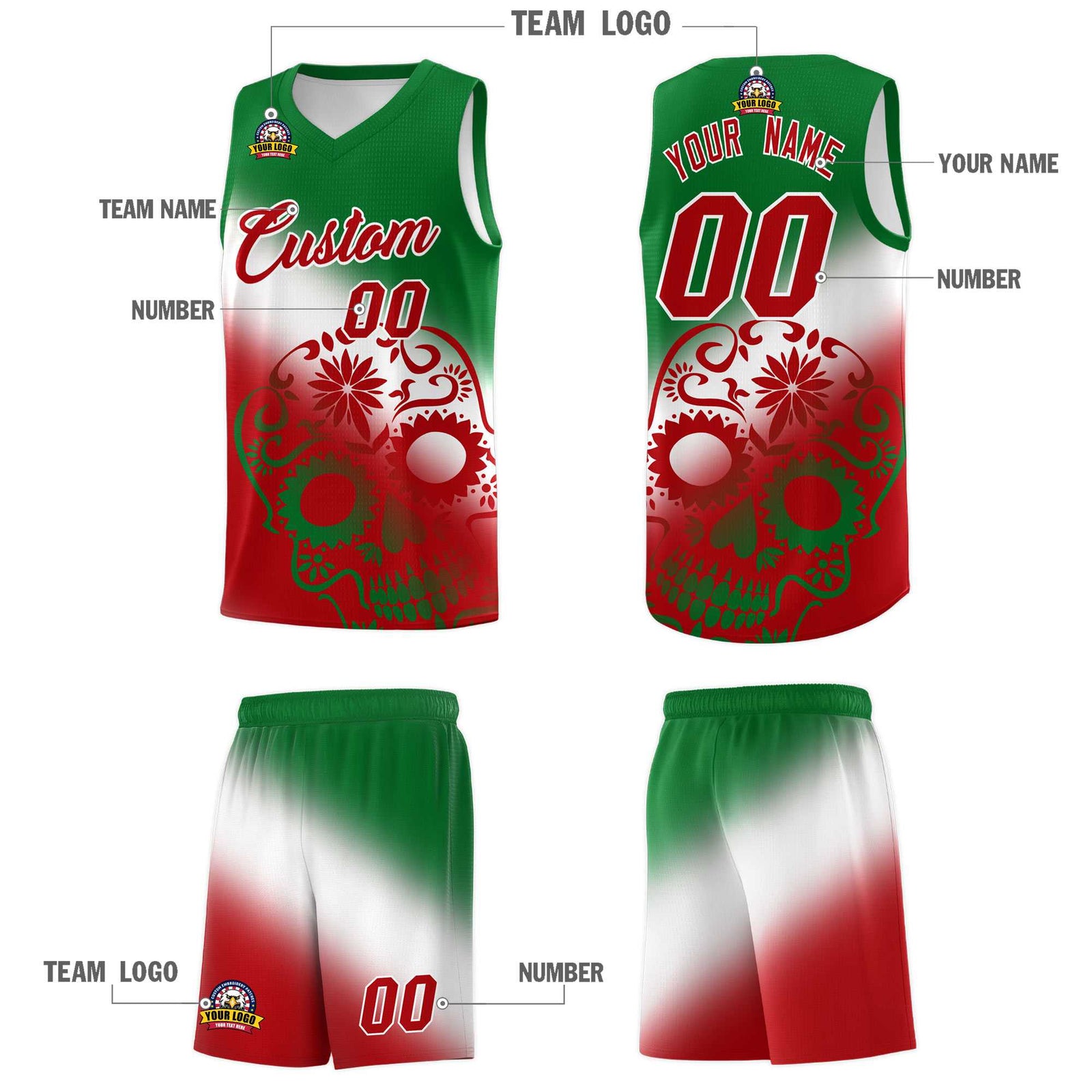 Custom White Kelly Green Red Mexican Colors Graffiti Patterns Lightweight Uniform Basketball Jersey