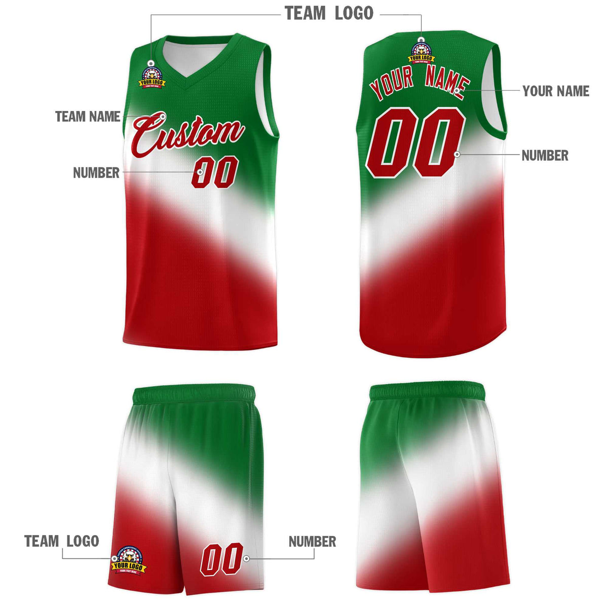 Custom White Kelly Green Red Mexican Colors Graffiti Patterns Wrinkle-Resistant Uniform Basketball Jersey