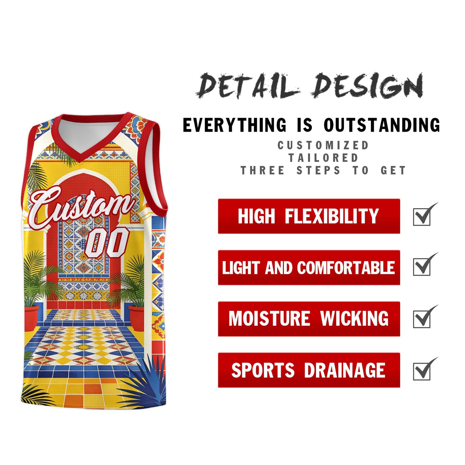 Custom Palace pattern Red Mexican Colors Graffiti Patterns Sublimation Printing Uniform Basketball Jersey
