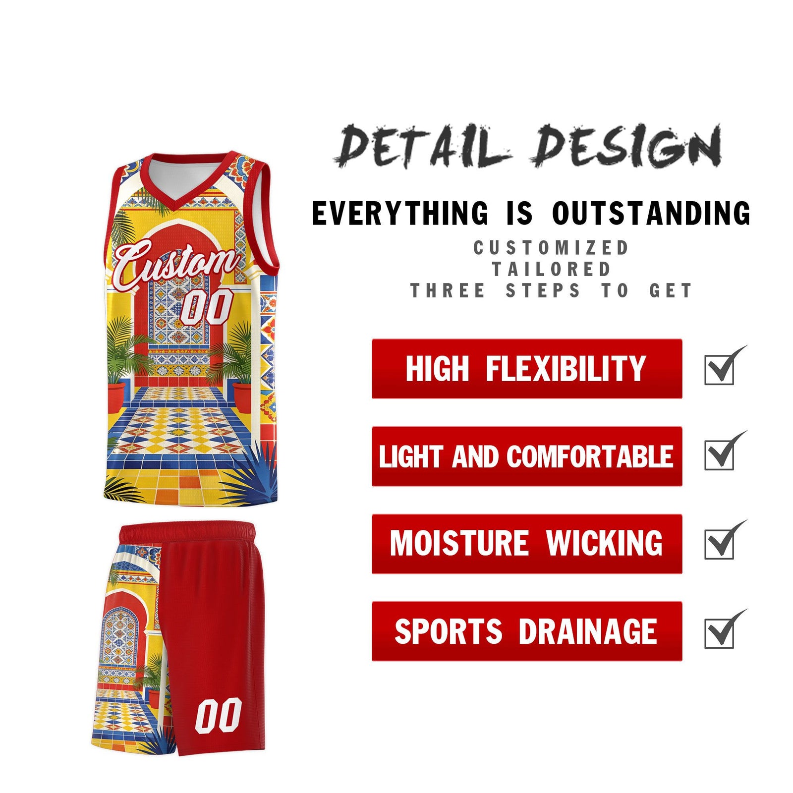 Custom Palace pattern Red Mexican Colors Graffiti Patterns Sublimation Printing Uniform Basketball Jersey