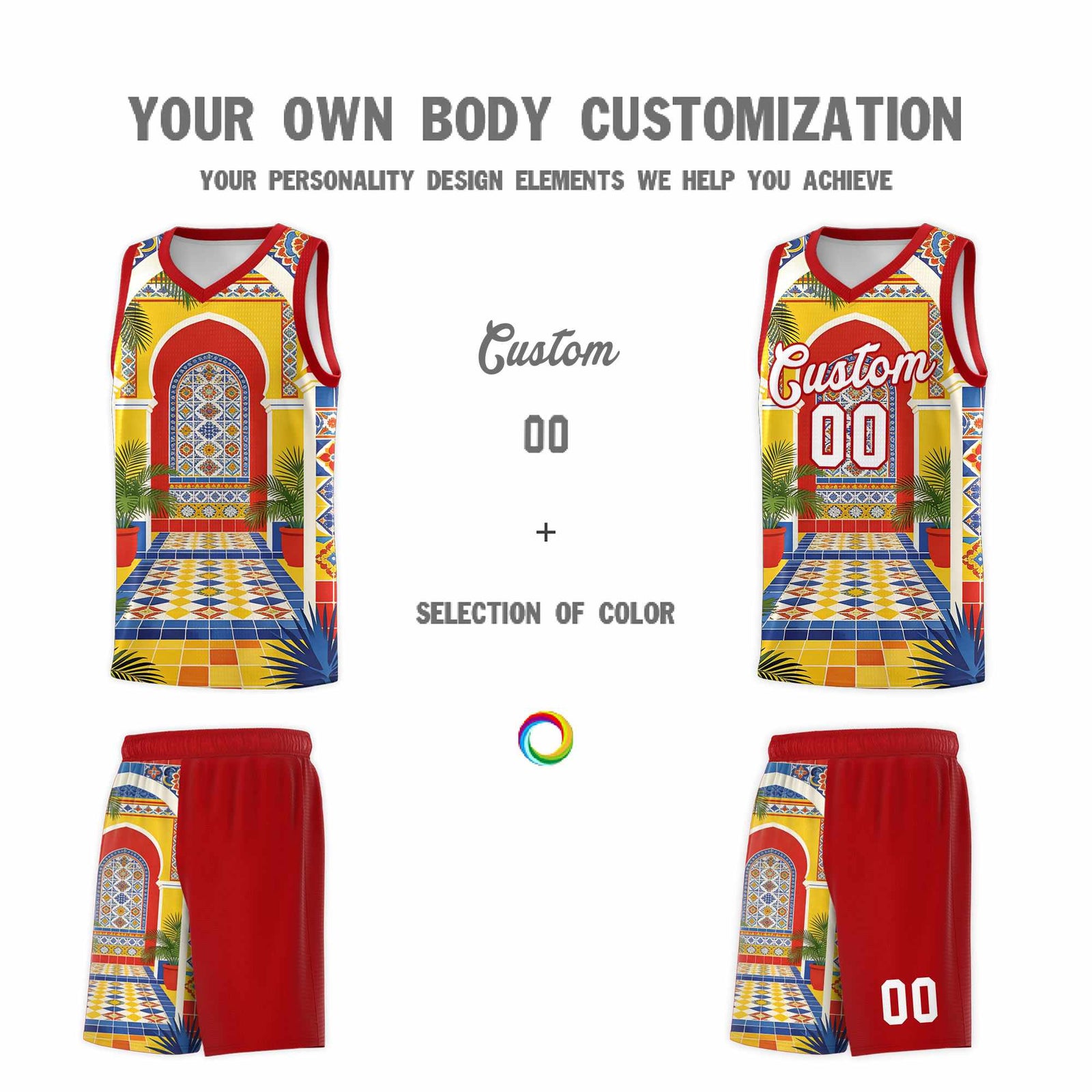 Custom Palace pattern Red Mexican Colors Graffiti Patterns Sublimation Printing Uniform Basketball Jersey