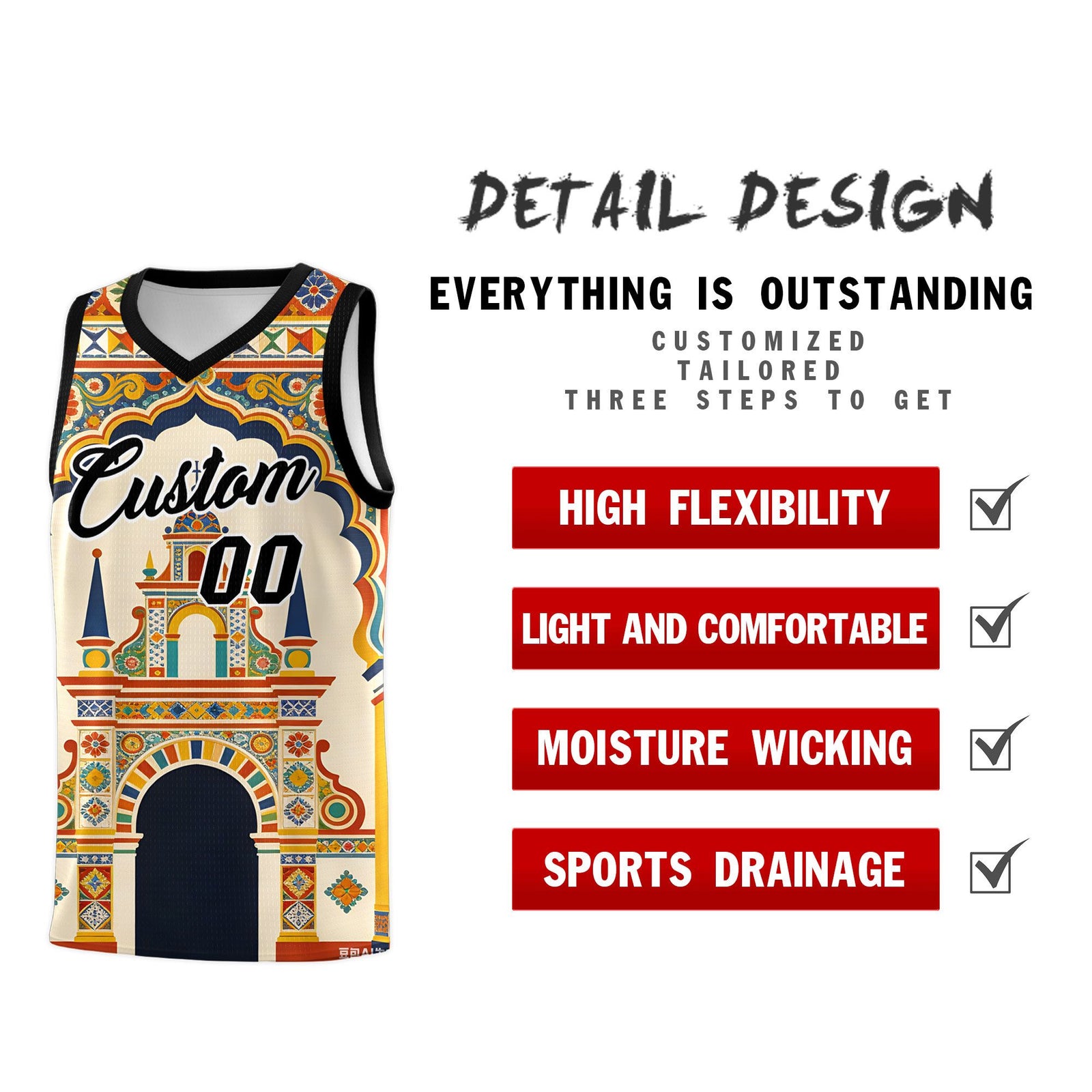 Custom Palace pattern Black Mexican Colors Graffiti Patterns Breathable Uniform Basketball Jersey