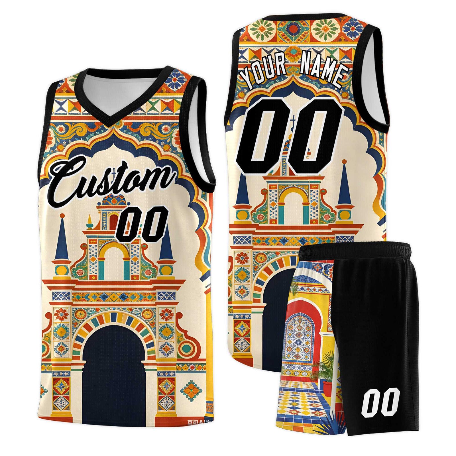 Custom Palace pattern Black Mexican Colors Graffiti Patterns Breathable Uniform Basketball Jersey
