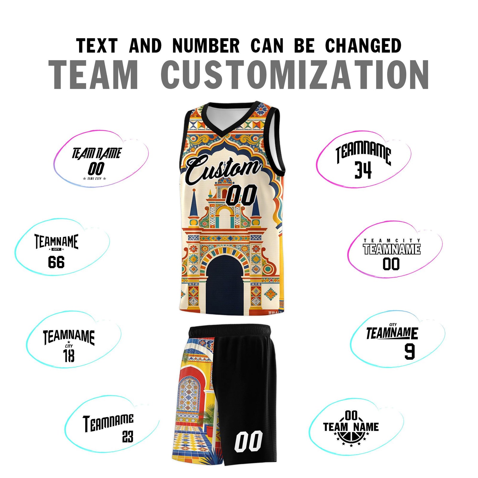 Custom Palace pattern Black Mexican Colors Graffiti Patterns Breathable Uniform Basketball Jersey