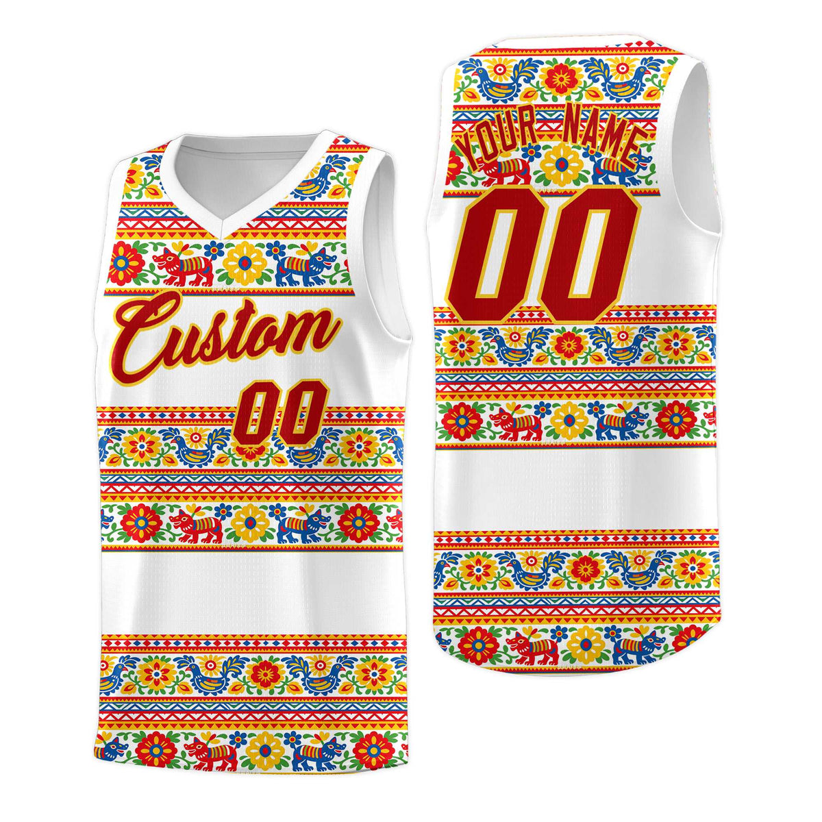 Custom White Colorfulflower pattern Mexican Colors Graffiti Patterns Quick-Drying Uniform Basketball Jersey