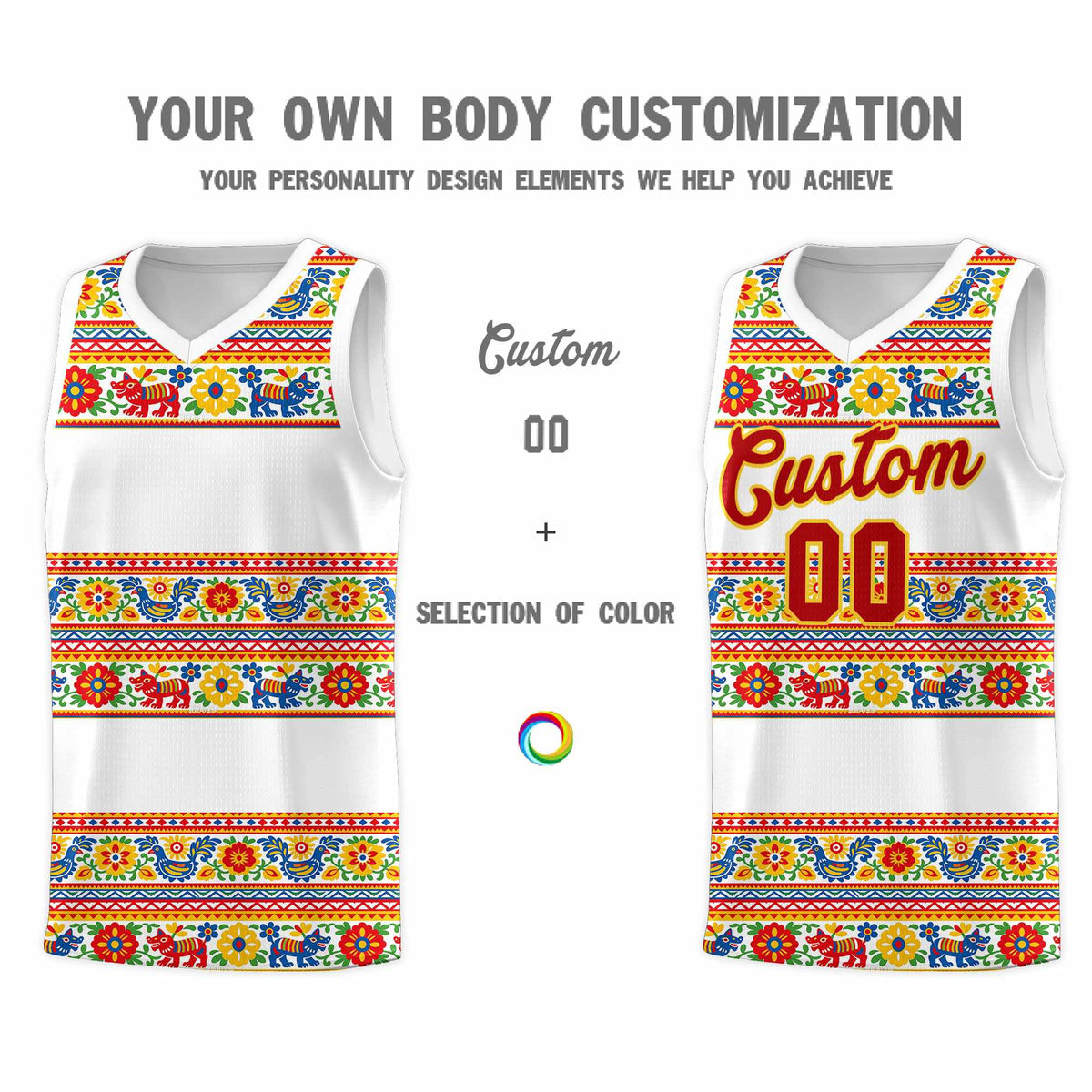 Custom White Colorfulflower pattern Mexican Colors Graffiti Patterns Quick-Drying Uniform Basketball Jersey