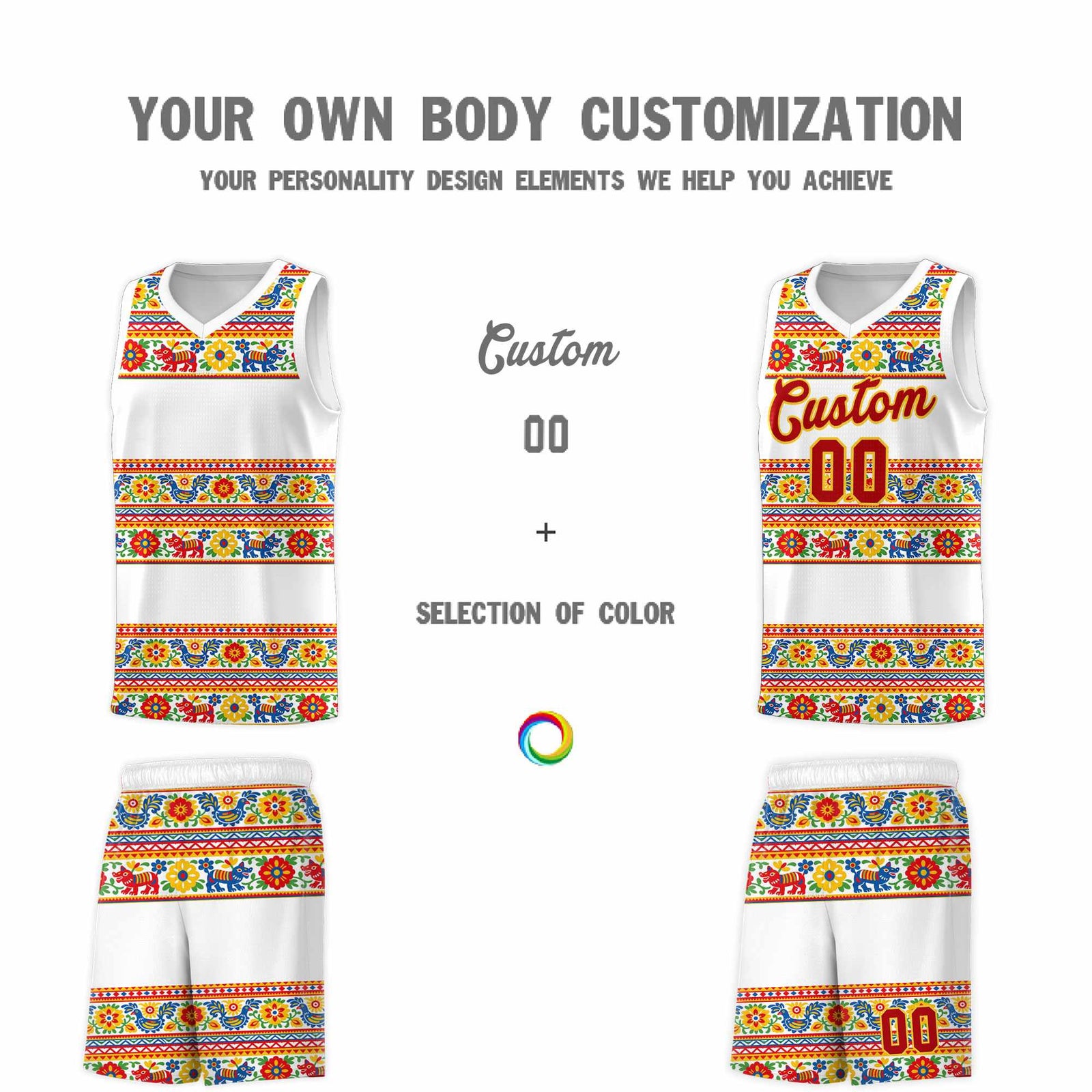 Custom White Colorfulflower pattern Mexican Colors Graffiti Patterns Quick-Drying Uniform Basketball Jersey