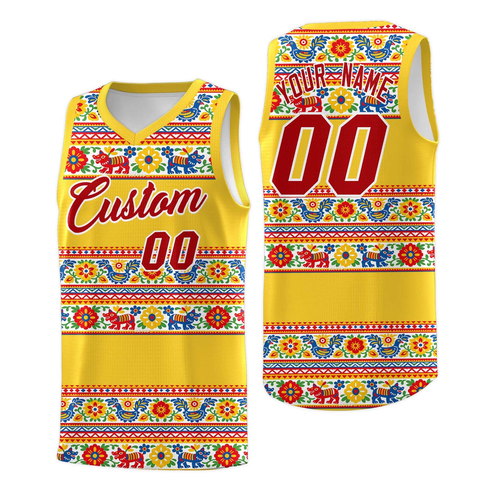 Custom Gold Colorfulflower pattern Mexican Colors Graffiti Patterns Lightweight Uniform Basketball Jersey