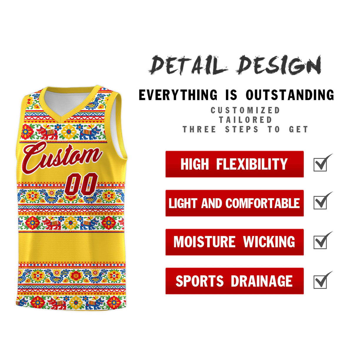 Custom Gold Colorfulflower pattern Mexican Colors Graffiti Patterns Lightweight Uniform Basketball Jersey