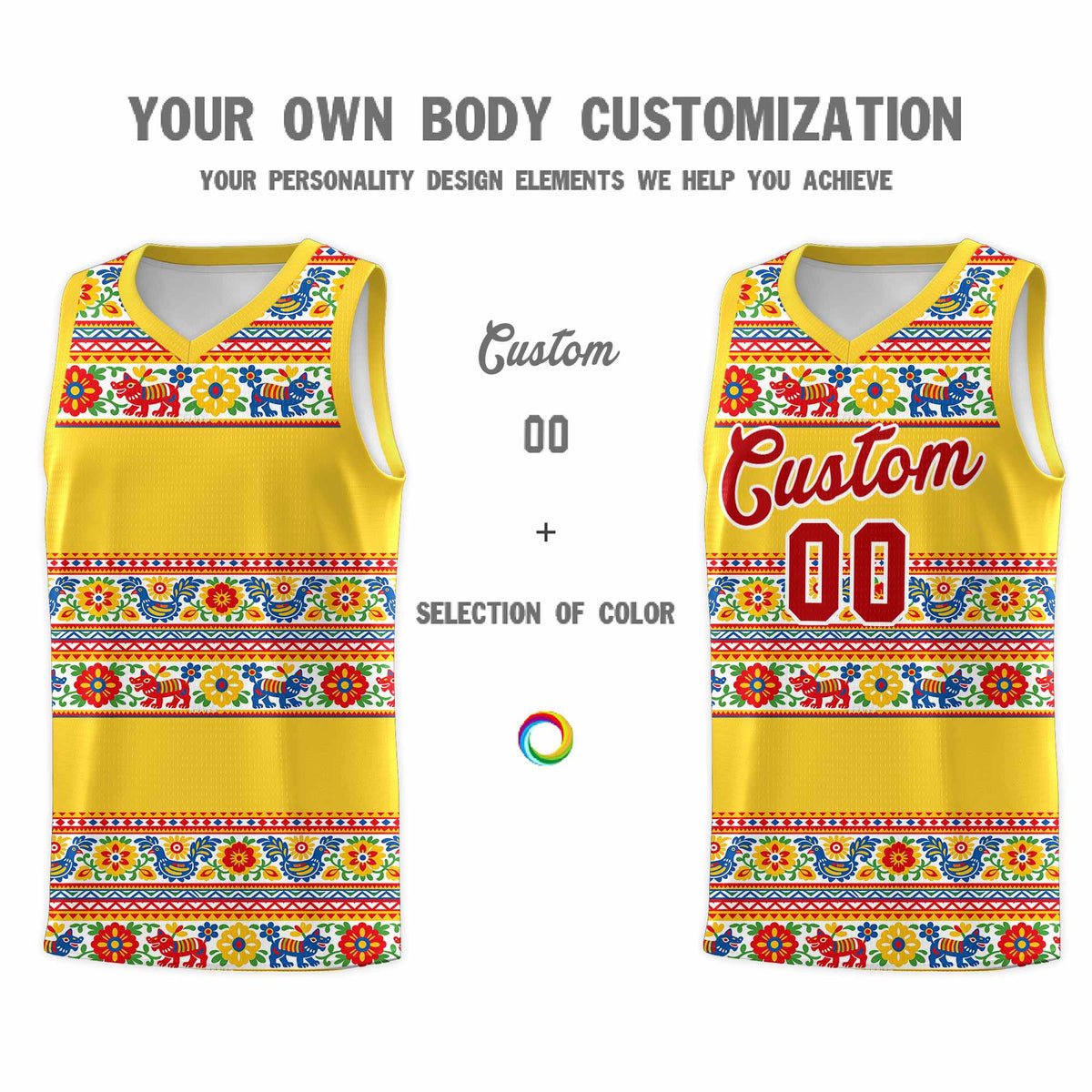 Custom Gold Colorfulflower pattern Mexican Colors Graffiti Patterns Lightweight Uniform Basketball Jersey