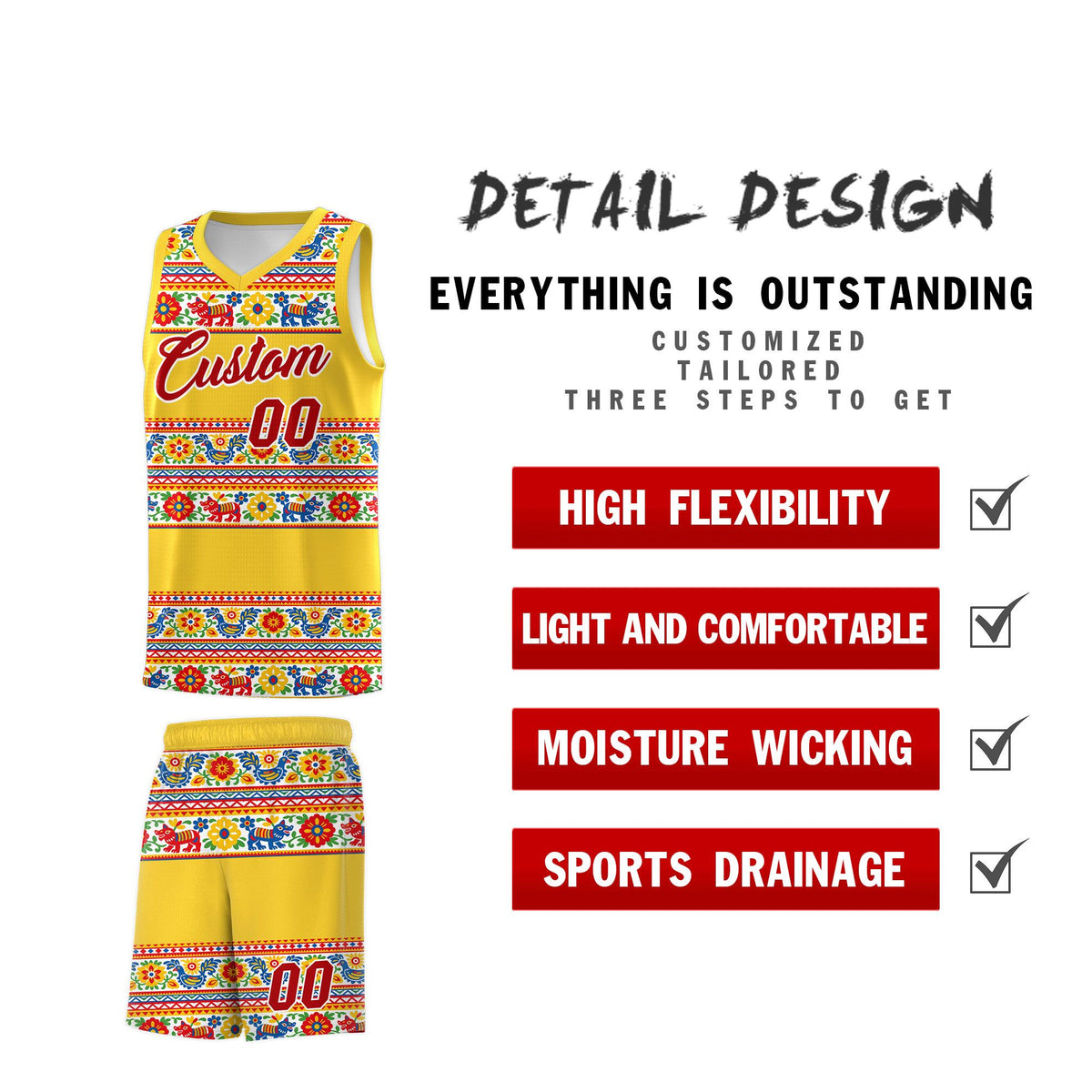 Custom Gold Colorfulflower pattern Mexican Colors Graffiti Patterns Lightweight Uniform Basketball Jersey