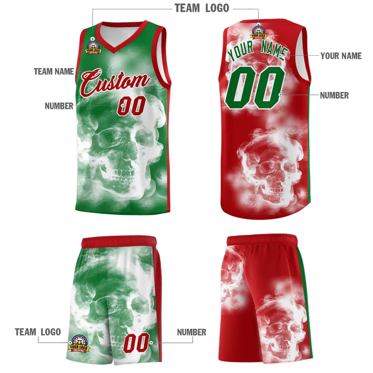 Custom White Red Kelly GreenMexican Colors Graffiti Patterns Drapable Uniform Basketball Jersey