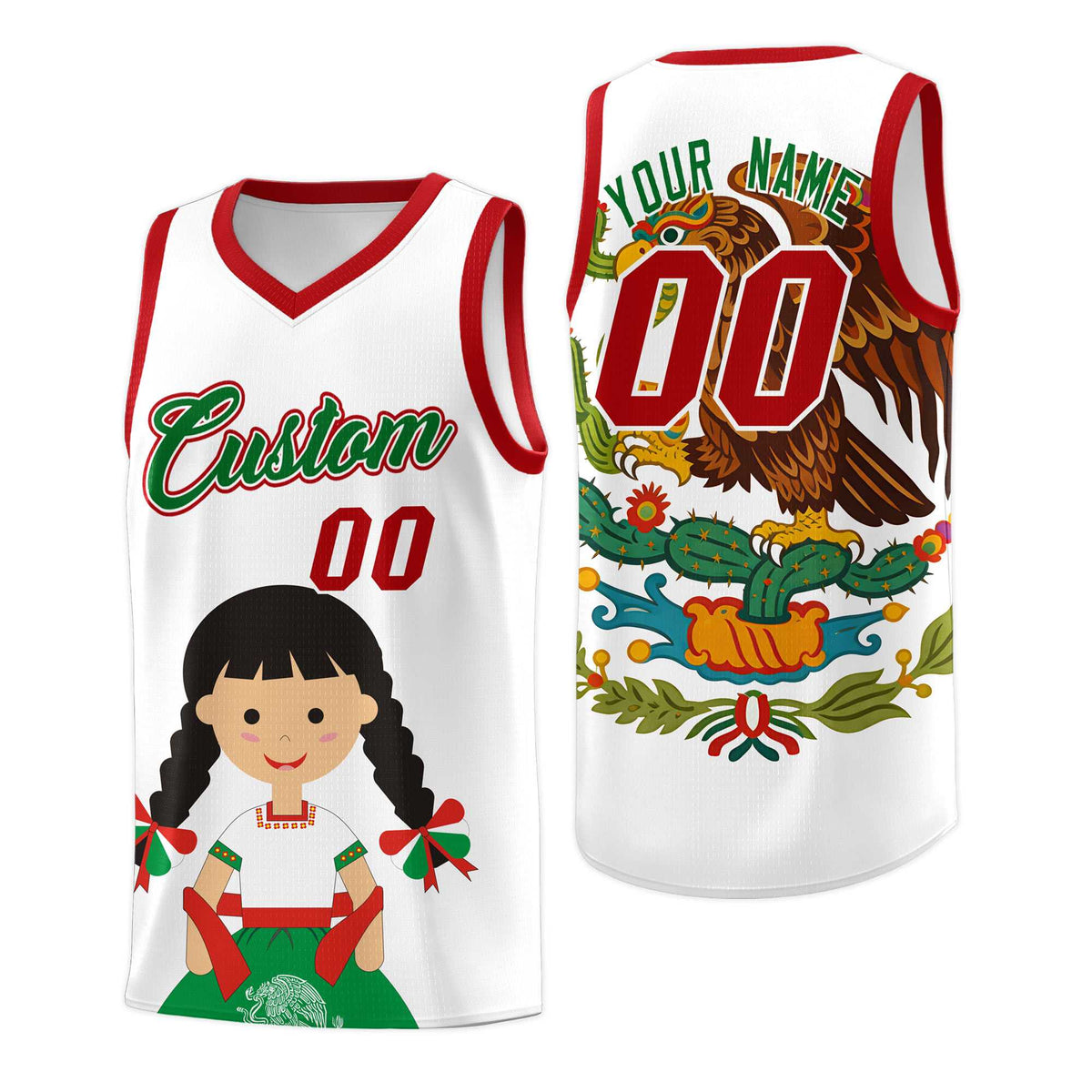 Custom White Red Mexican Colors Graffiti Patterns Sublimation Printing Uniform Basketball Jersey