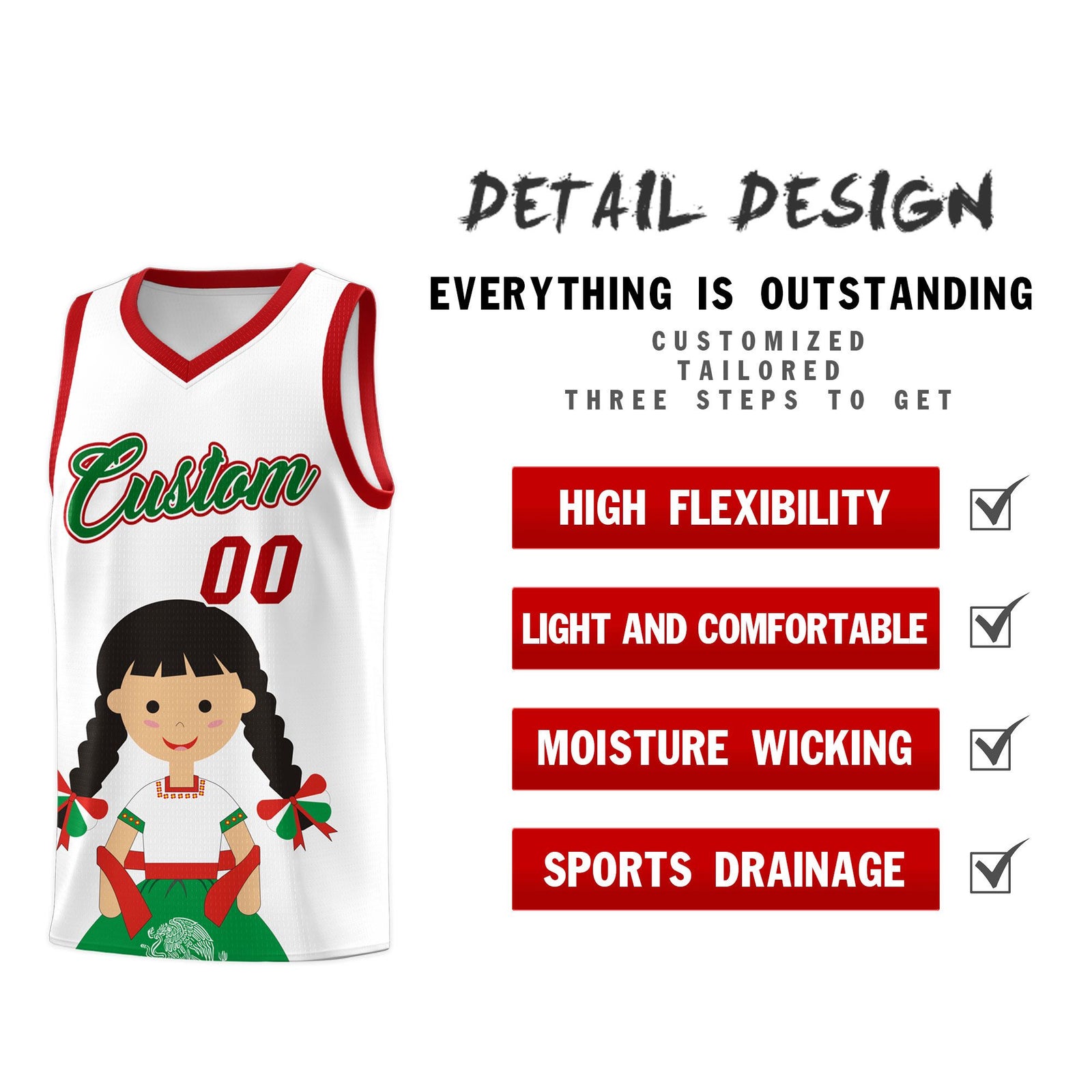 Custom White Red Mexican Colors Graffiti Patterns Sublimation Printing Uniform Basketball Jersey