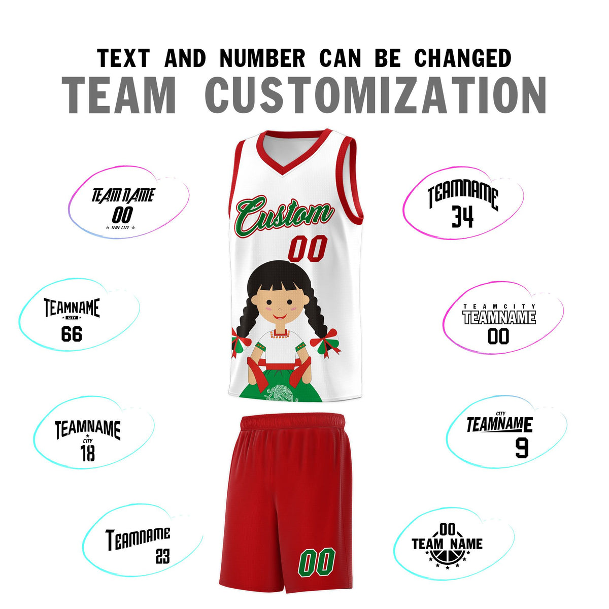 Custom White Red Mexican Colors Graffiti Patterns Sublimation Printing Uniform Basketball Jersey