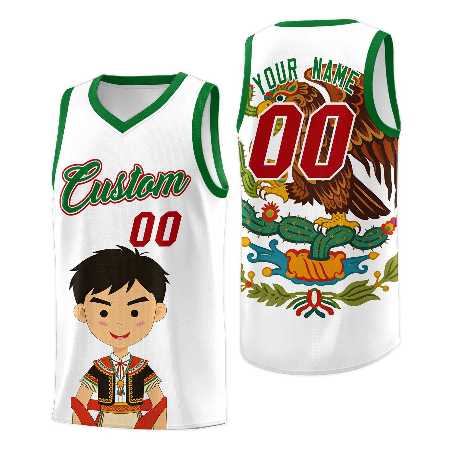 Custom White Kelly Green Mexican Colors Graffiti Patterns Breathable Uniform Basketball Jersey