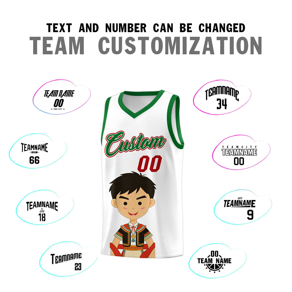 Custom White Kelly Green Mexican Colors Graffiti Patterns Breathable Uniform Basketball Jersey