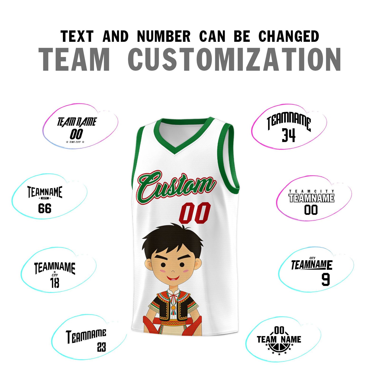 Custom White Kelly Green Mexican Colors Graffiti Patterns Breathable Uniform Basketball Jersey