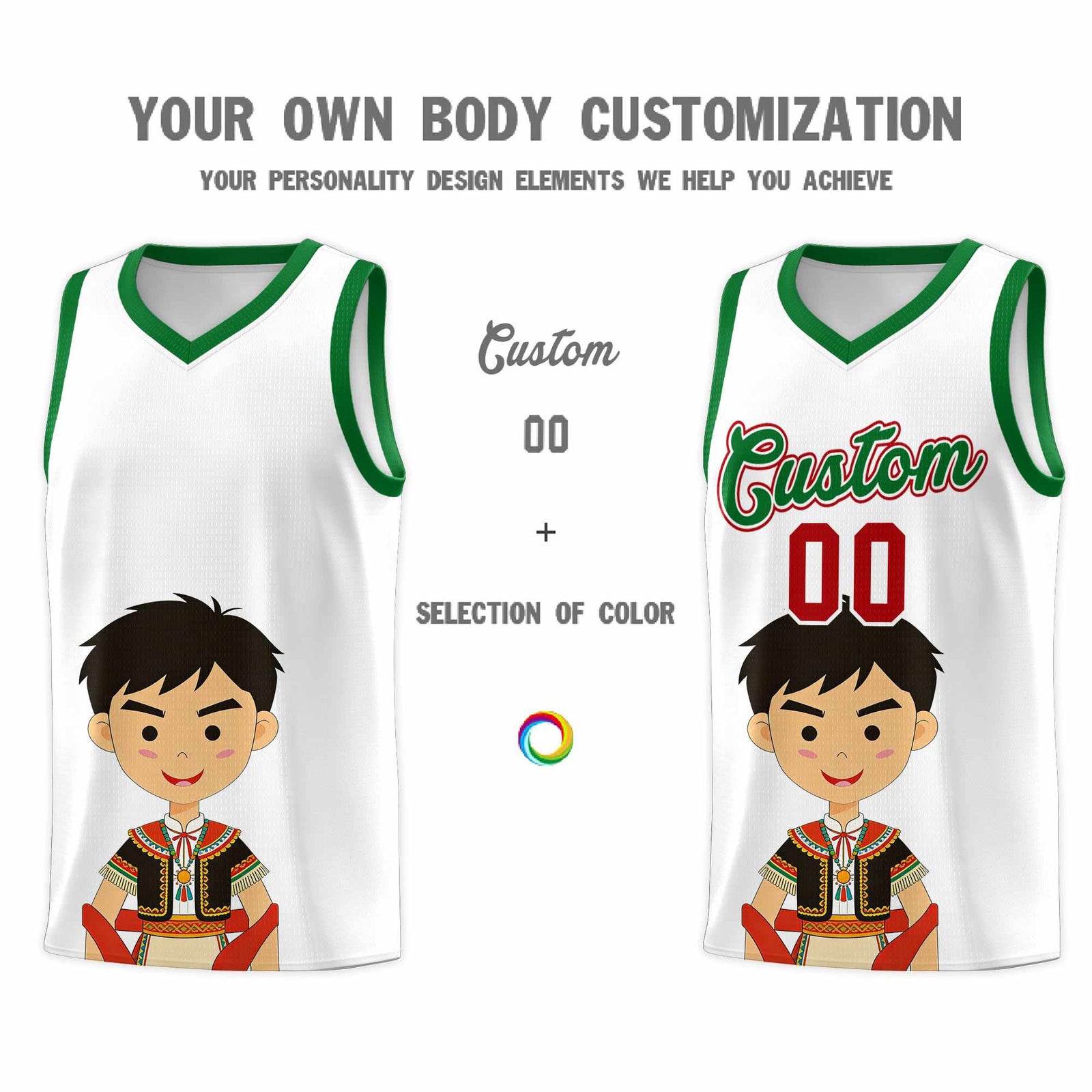 Custom White Kelly Green Mexican Colors Graffiti Patterns Breathable Uniform Basketball Jersey