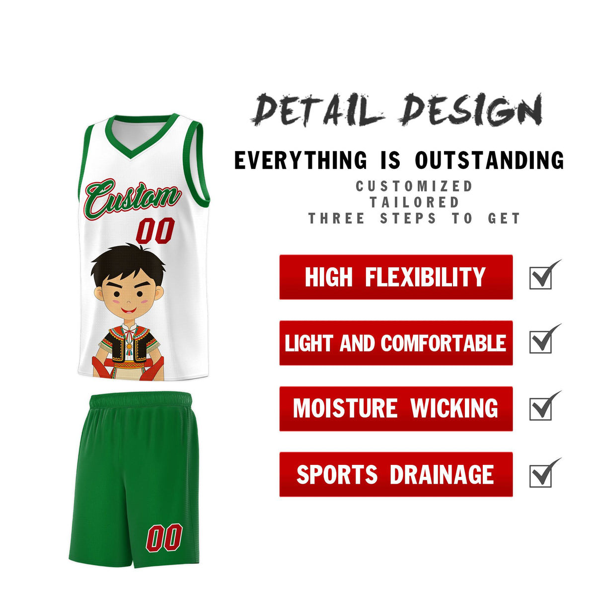 Custom White Kelly Green Mexican Colors Graffiti Patterns Breathable Uniform Basketball Jersey