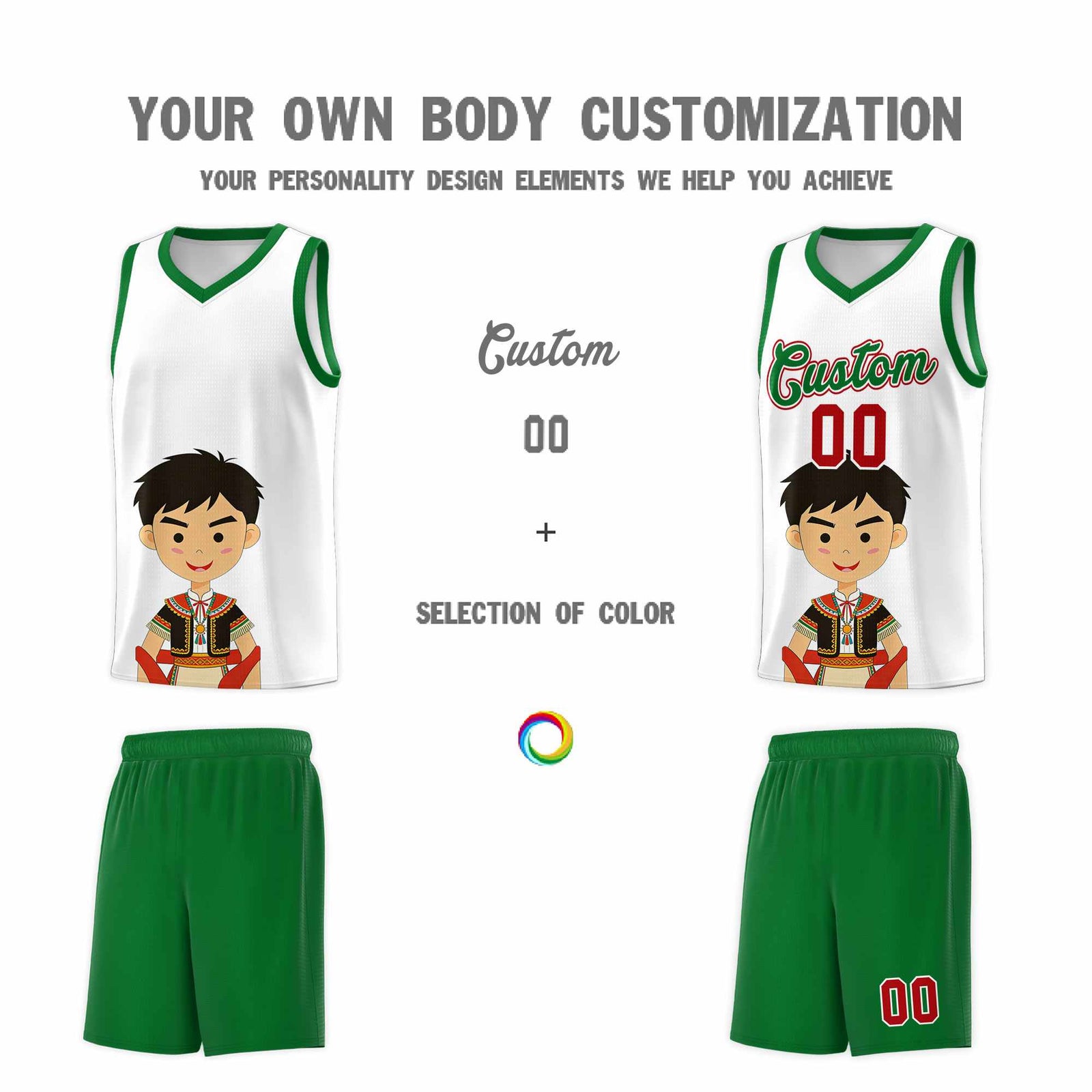 Custom White Kelly Green Mexican Colors Graffiti Patterns Breathable Uniform Basketball Jersey